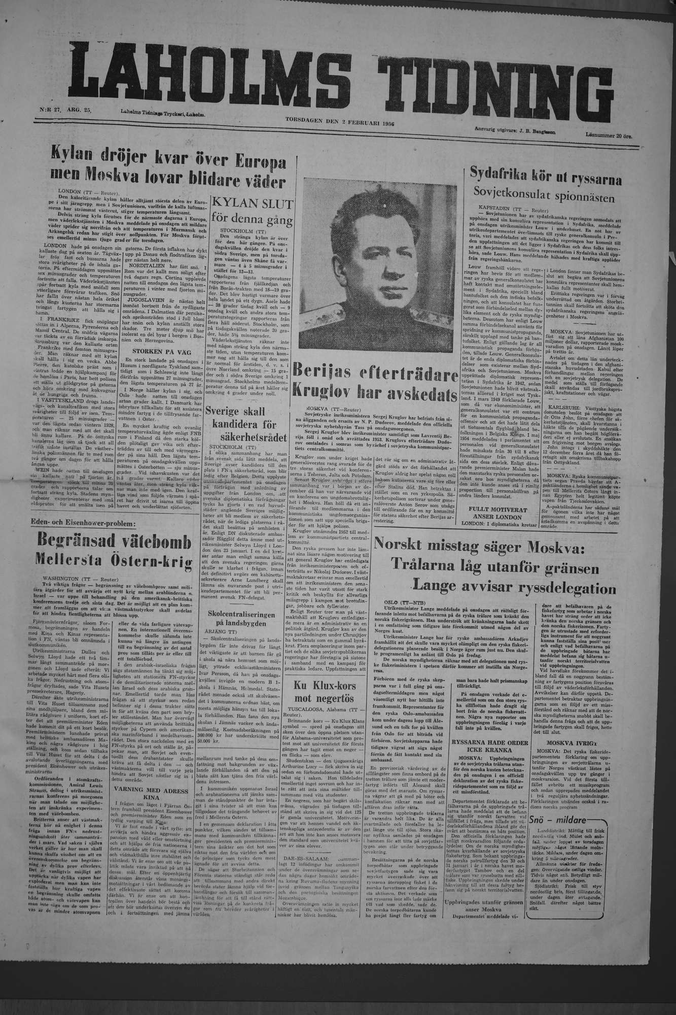 Laholms Tidning Torsdag 2 februari 1956, sida 1