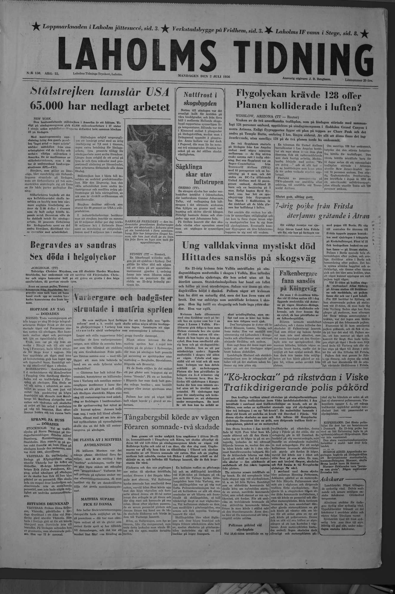 Laholms Tidning Måndag 2 juli 1956, sida 1