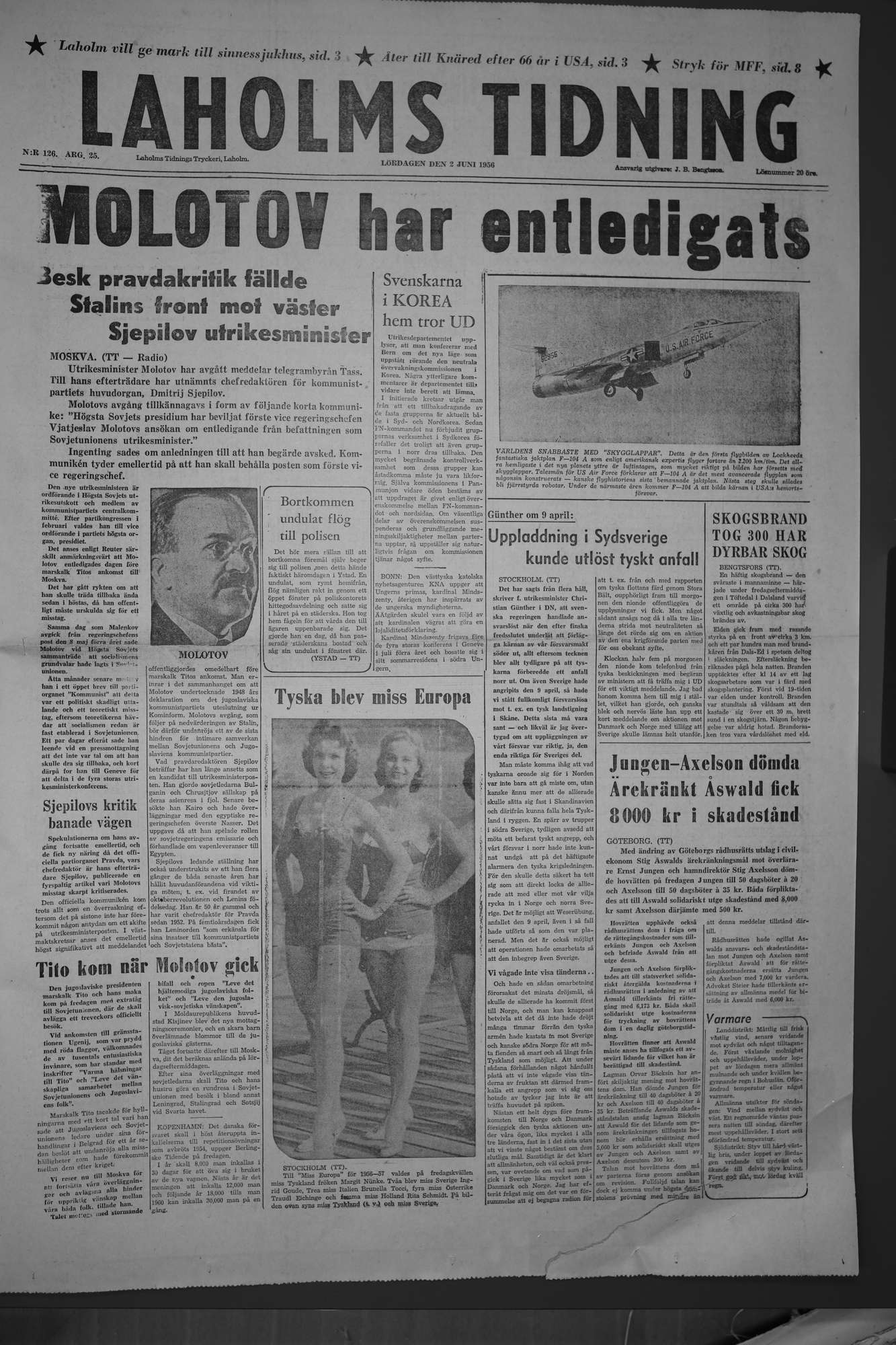 Laholms Tidning Lördag 2 juni 1956, sida 1