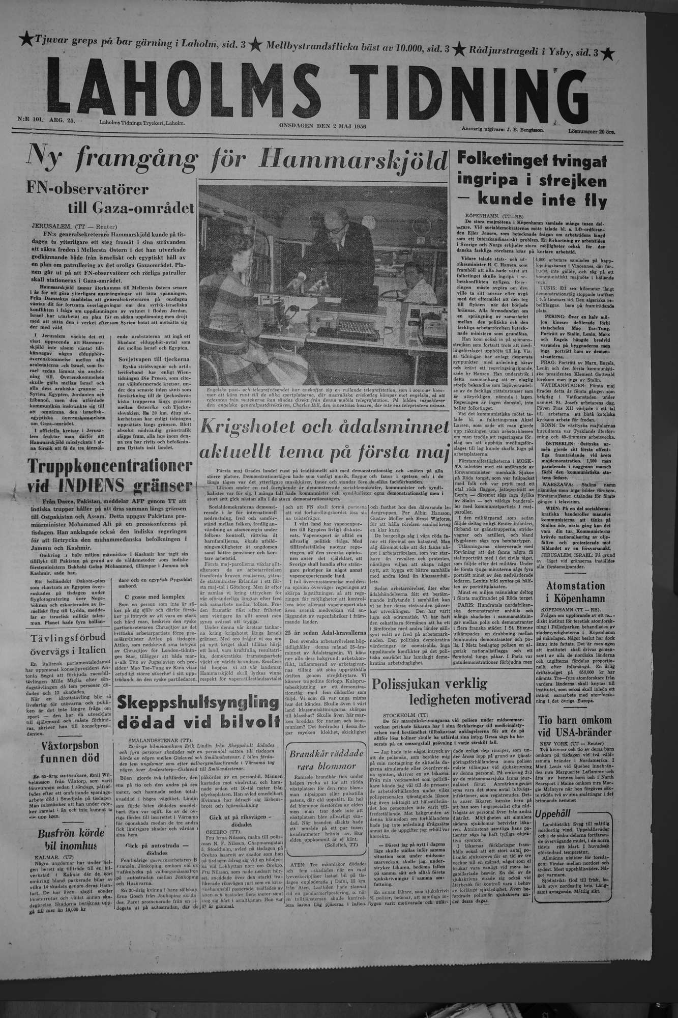 Laholms Tidning Onsdag 2 maj 1956, sida 1