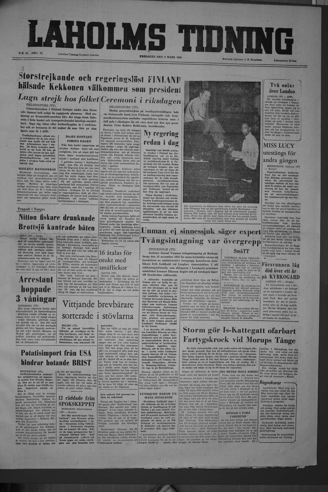 Laholms Tidning Fredag 2 mars 1956, sida 1