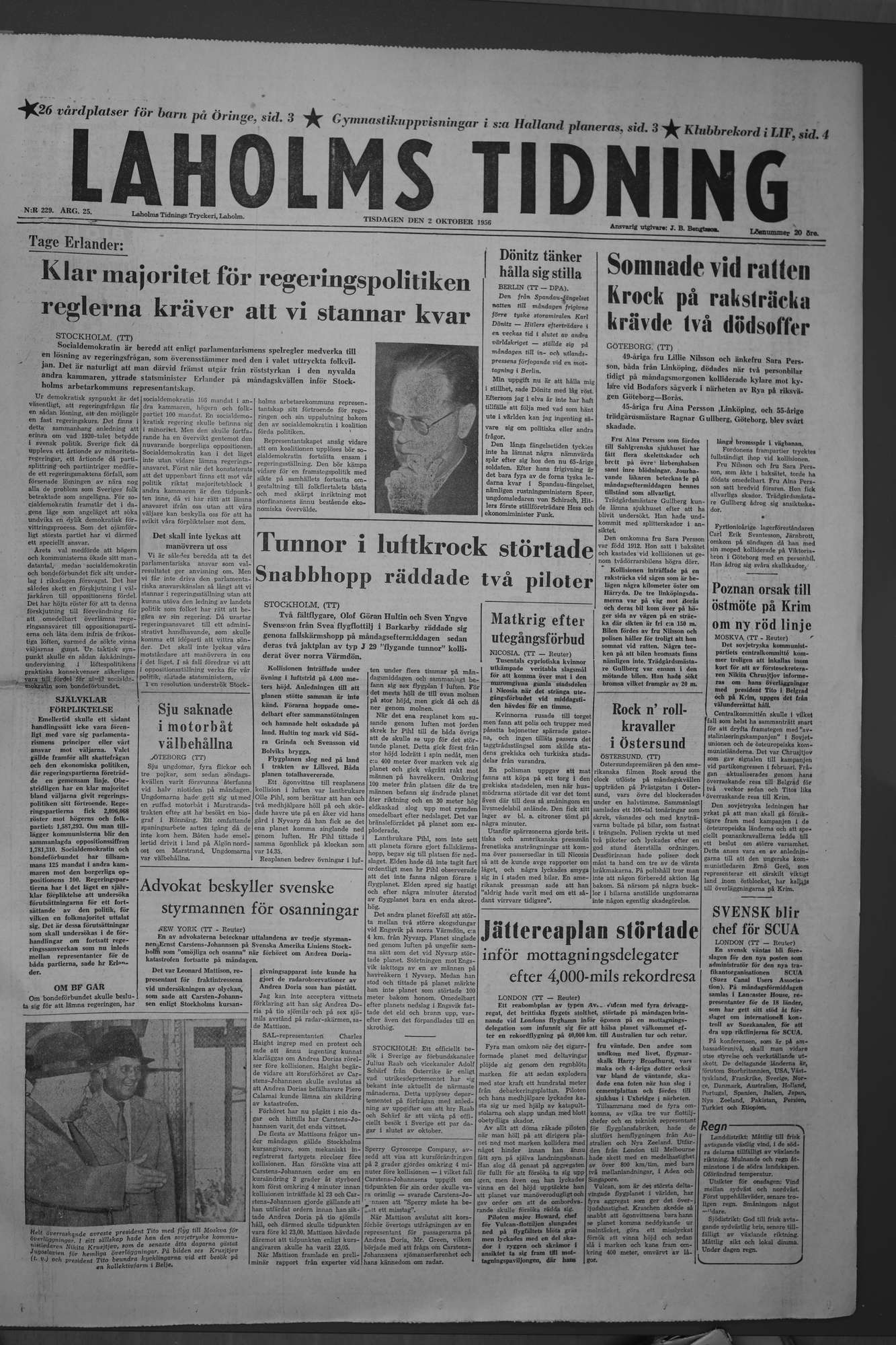 Laholms Tidning Tisdag 2 oktober 1956, sida 1