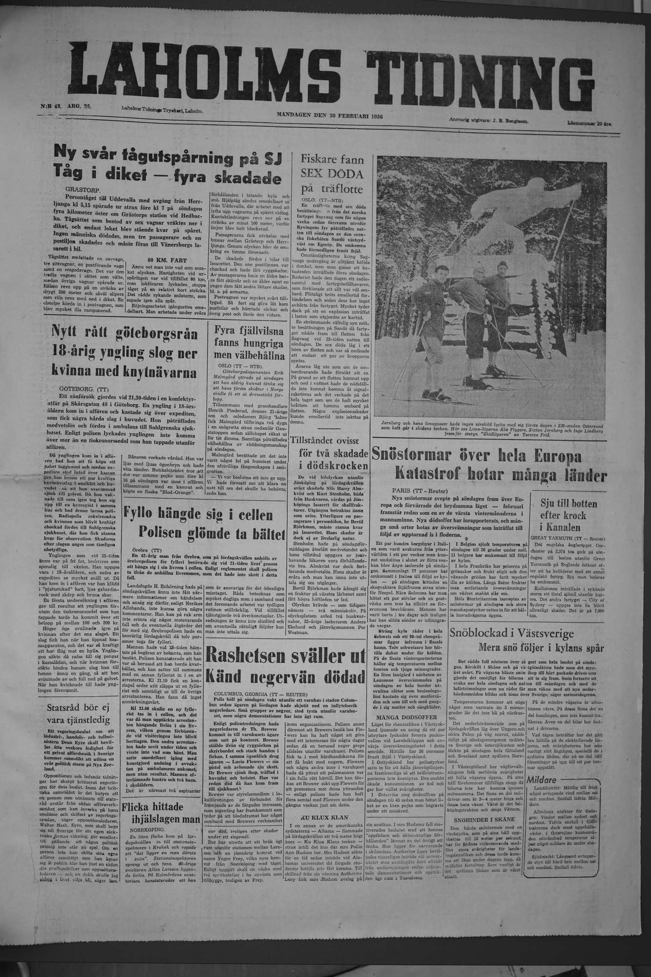 Laholms Tidning Måndag 20 februari 1956, sida 1