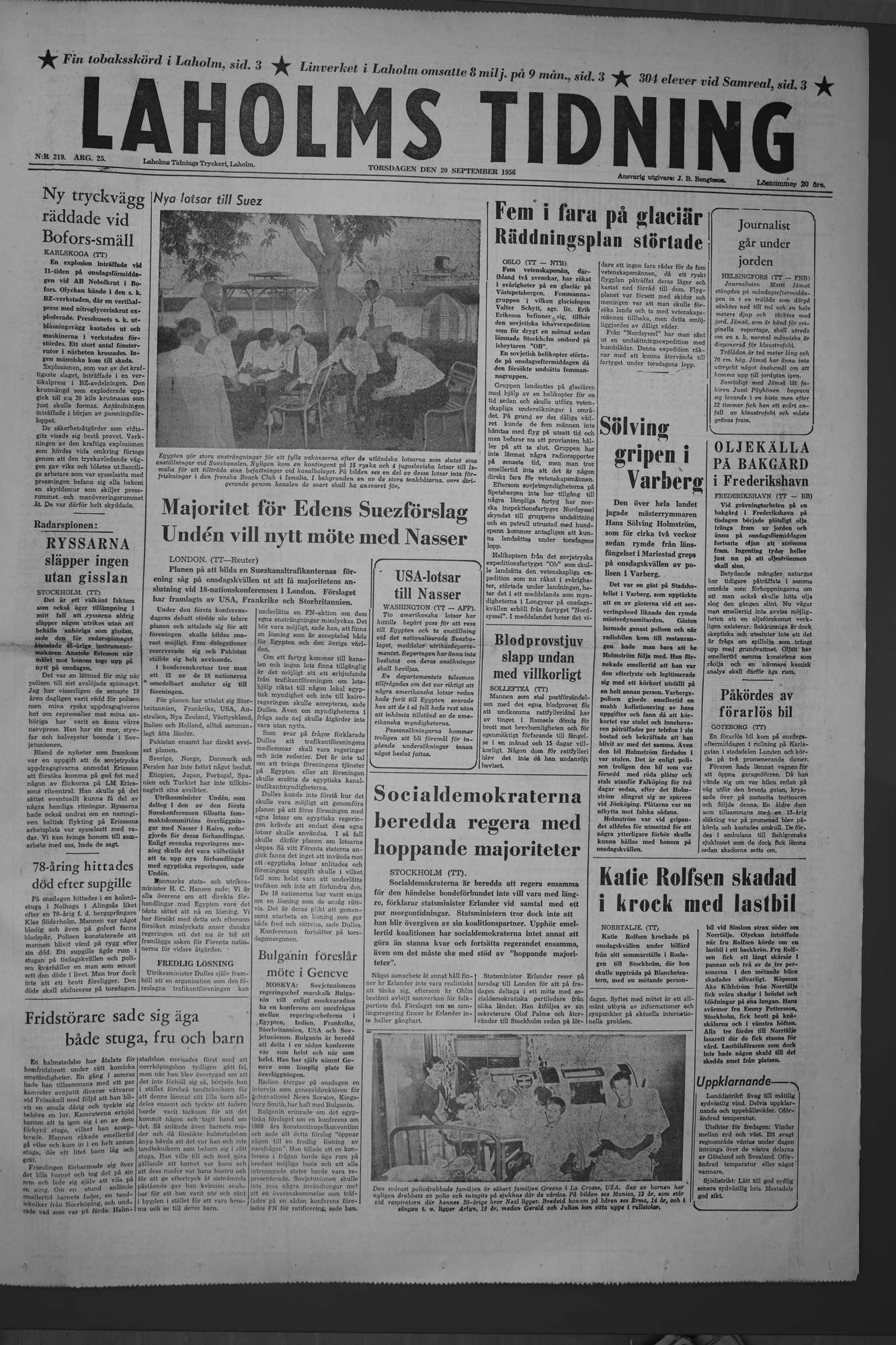 Laholms Tidning Torsdag 20 september 1956, sida 1