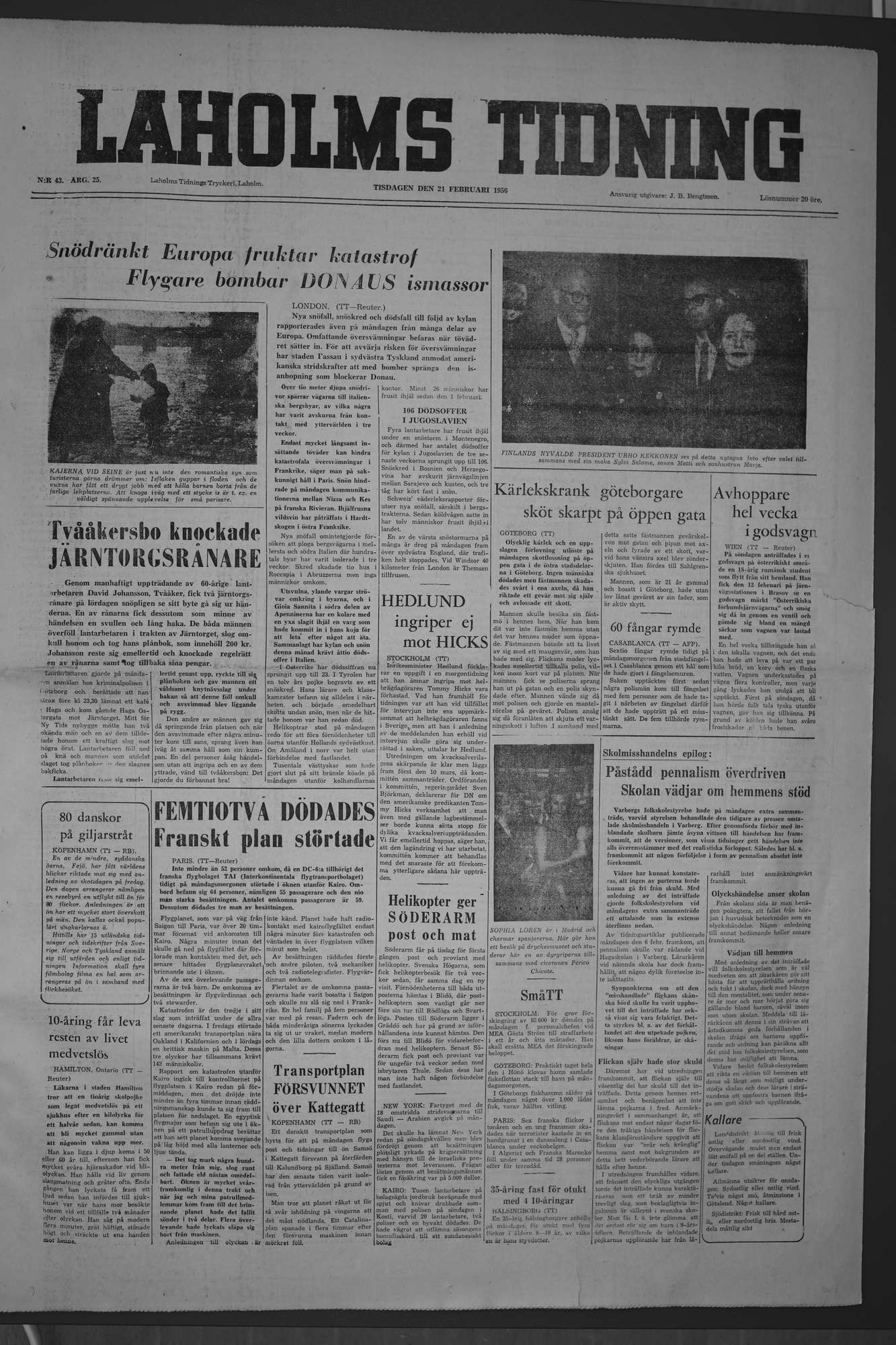 Laholms Tidning Tisdag 21 februari 1956, sida 1