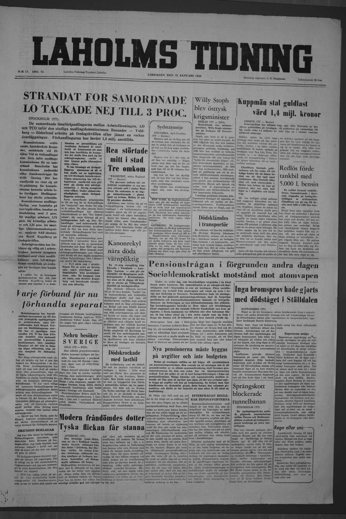 Laholms Tidning Lördag 21 januari 1956, sida 1