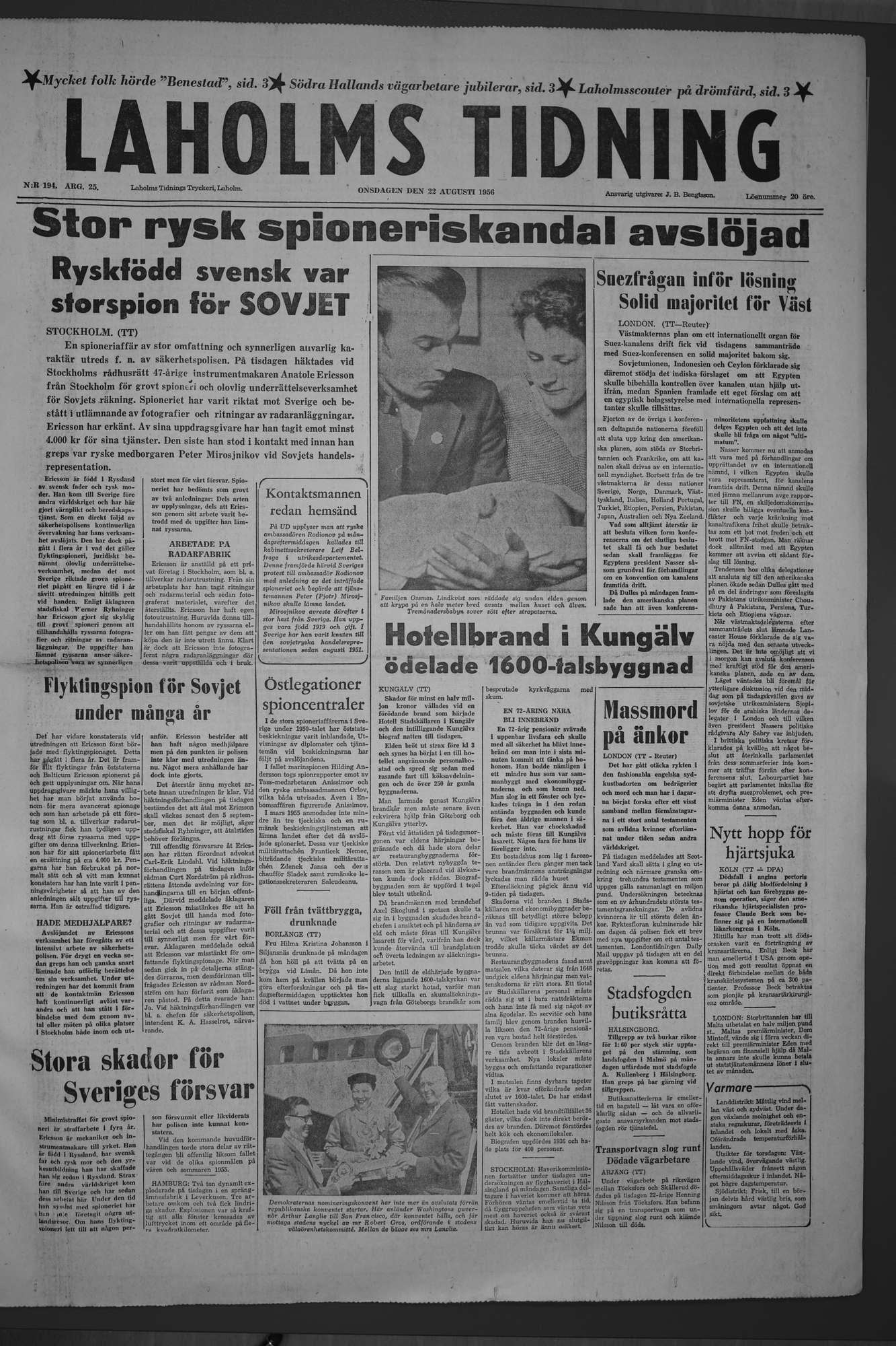 Laholms Tidning Onsdag 22 augusti 1956, sida 1