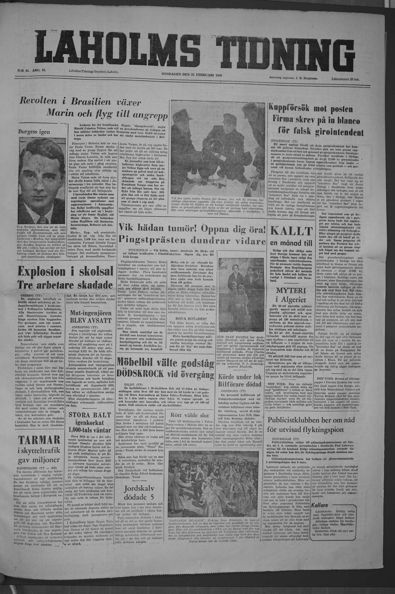 Laholms Tidning Onsdag 22 februari 1956, sida 1
