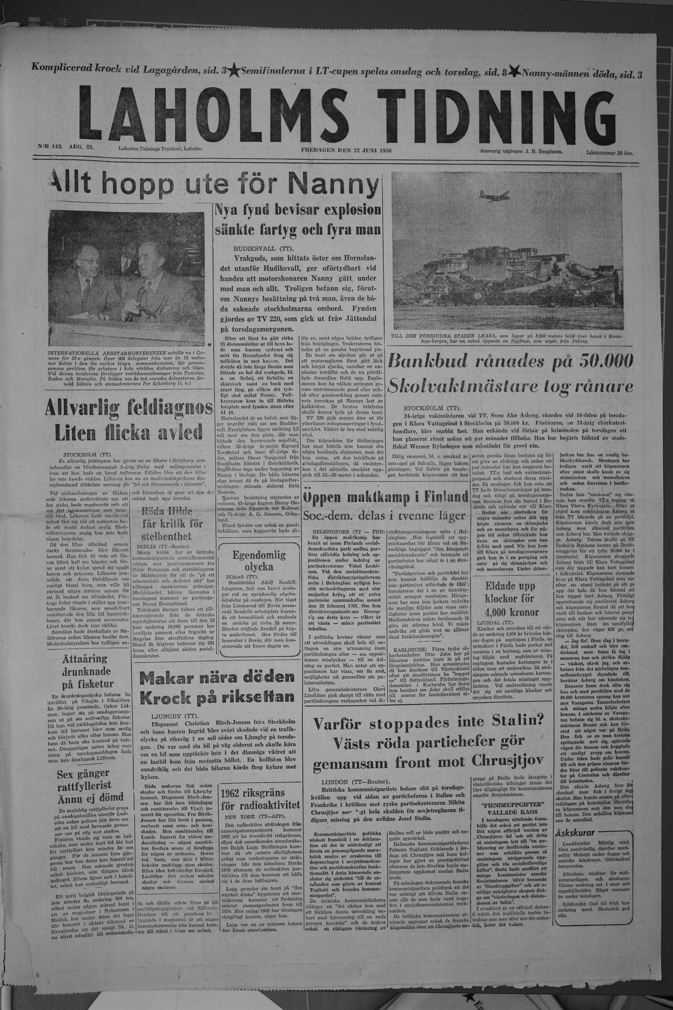 Laholms Tidning Fredag 22 juni 1956, sida 1