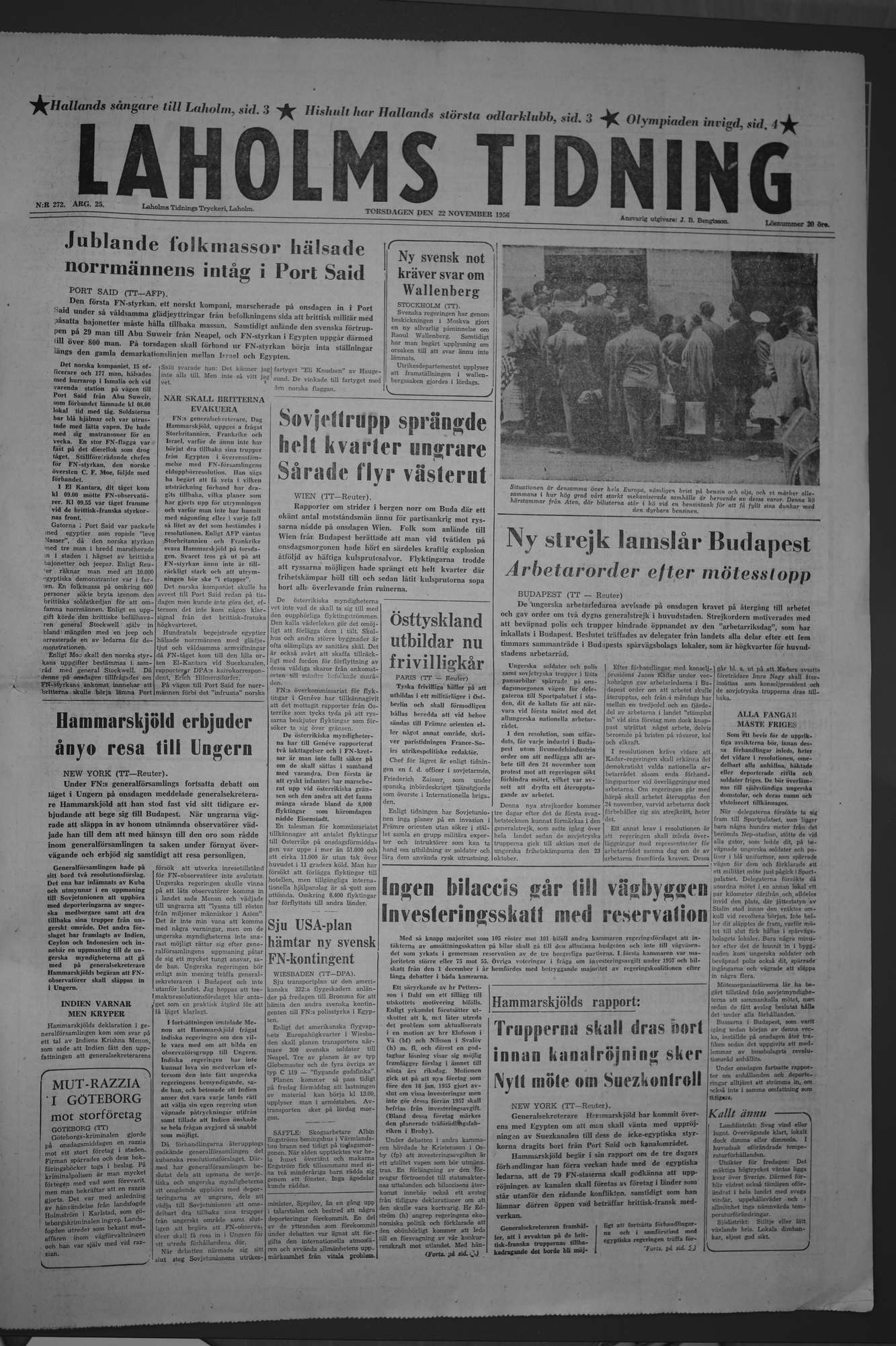 Laholms Tidning Torsdag 22 november 1956, sida 1