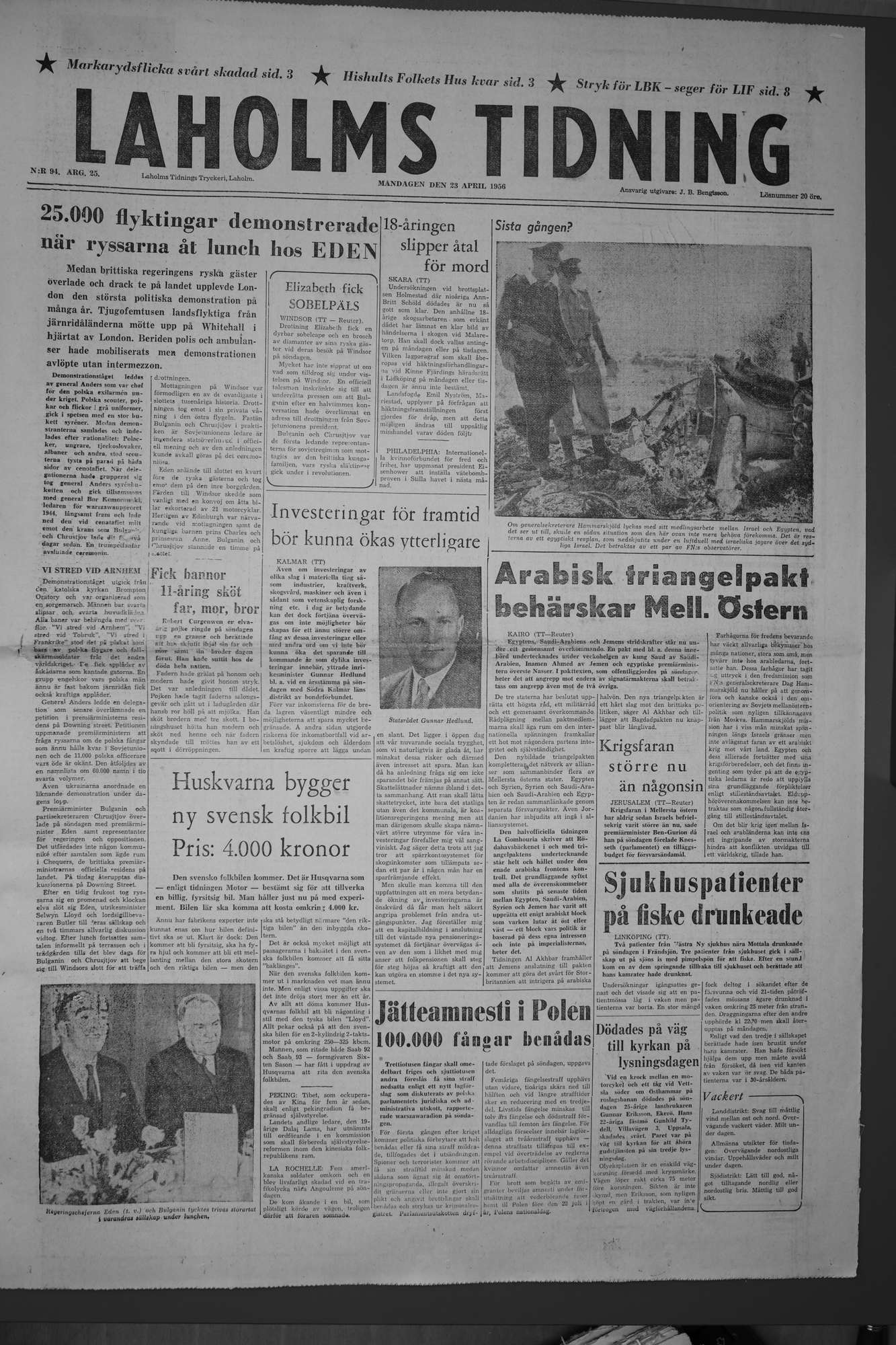 Laholms Tidning Måndag 23 april 1956, sida 1