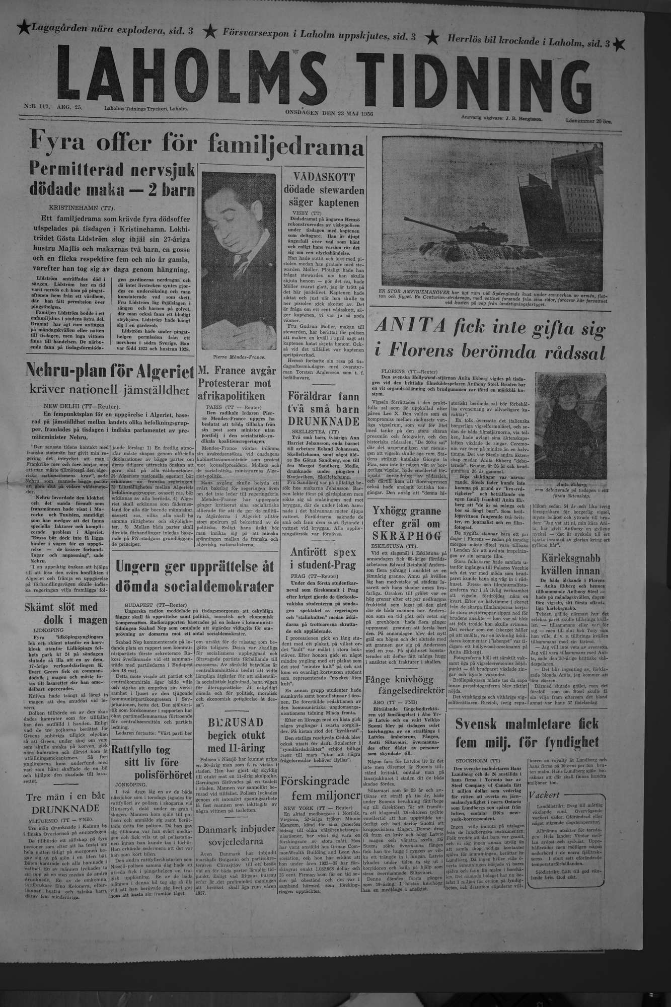 Laholms Tidning Onsdag 23 maj 1956, sida 1