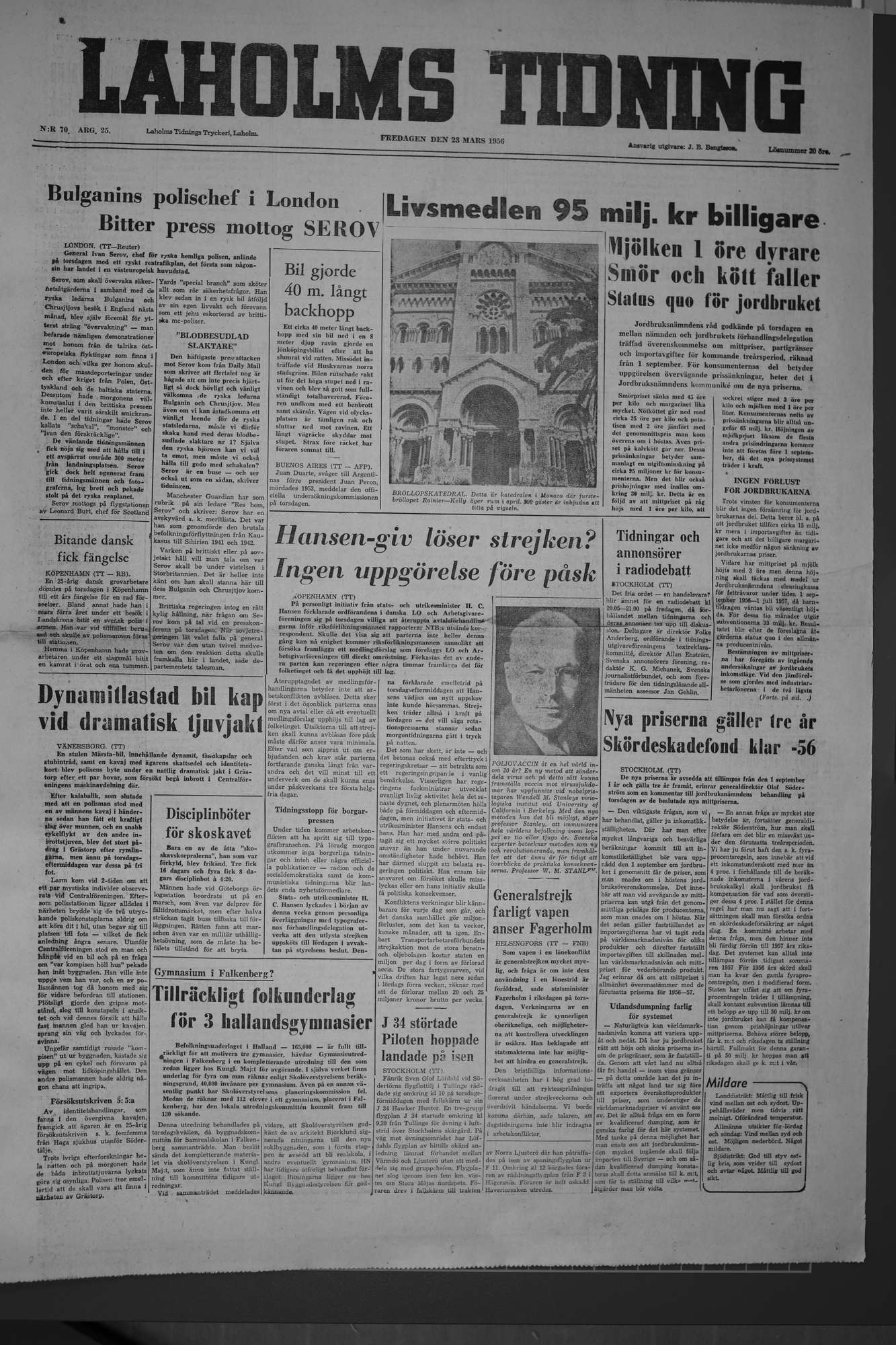 Laholms Tidning Fredag 23 mars 1956, sida 1
