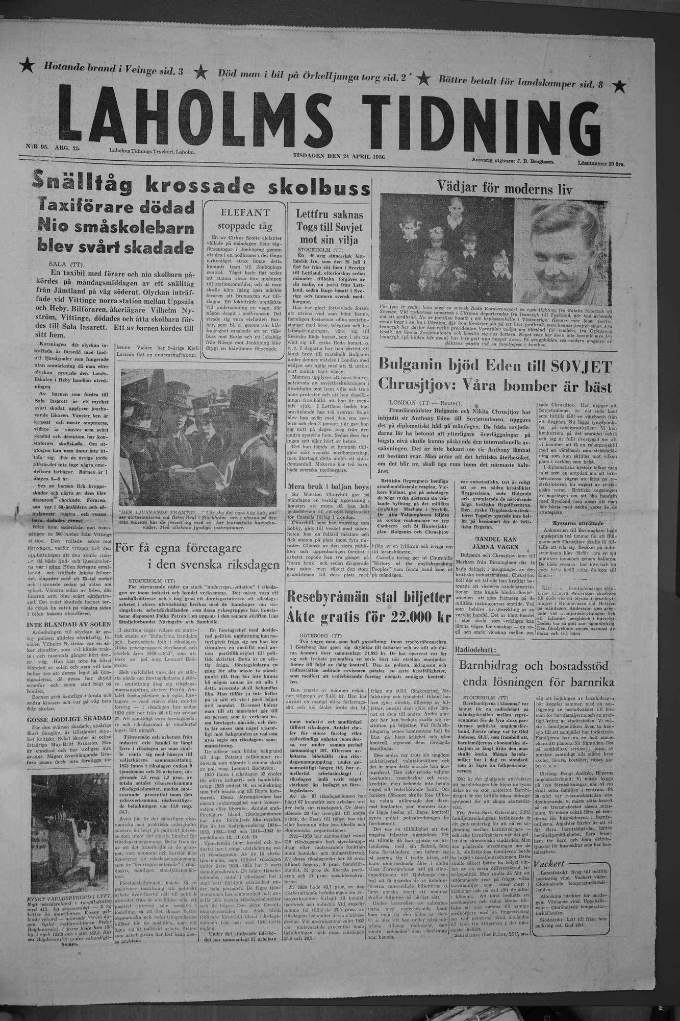 Laholms Tidning Tisdag 24 april 1956, sida 1