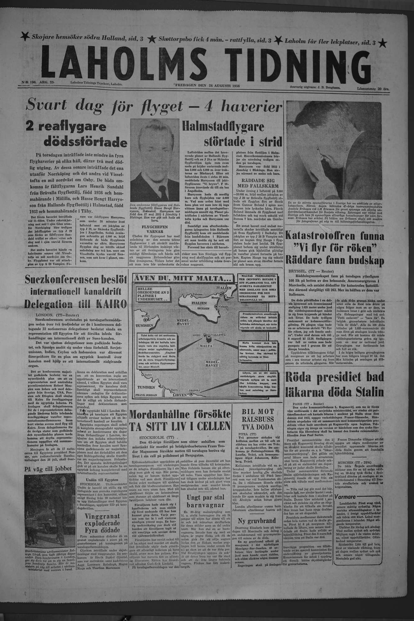 Laholms Tidning Fredag 24 augusti 1956, sida 1