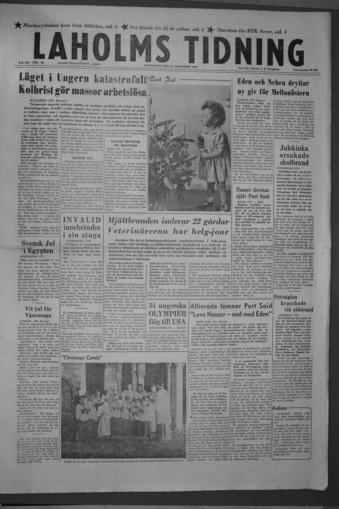 Laholms Tidning Måndag 24 december 1956, sida 1