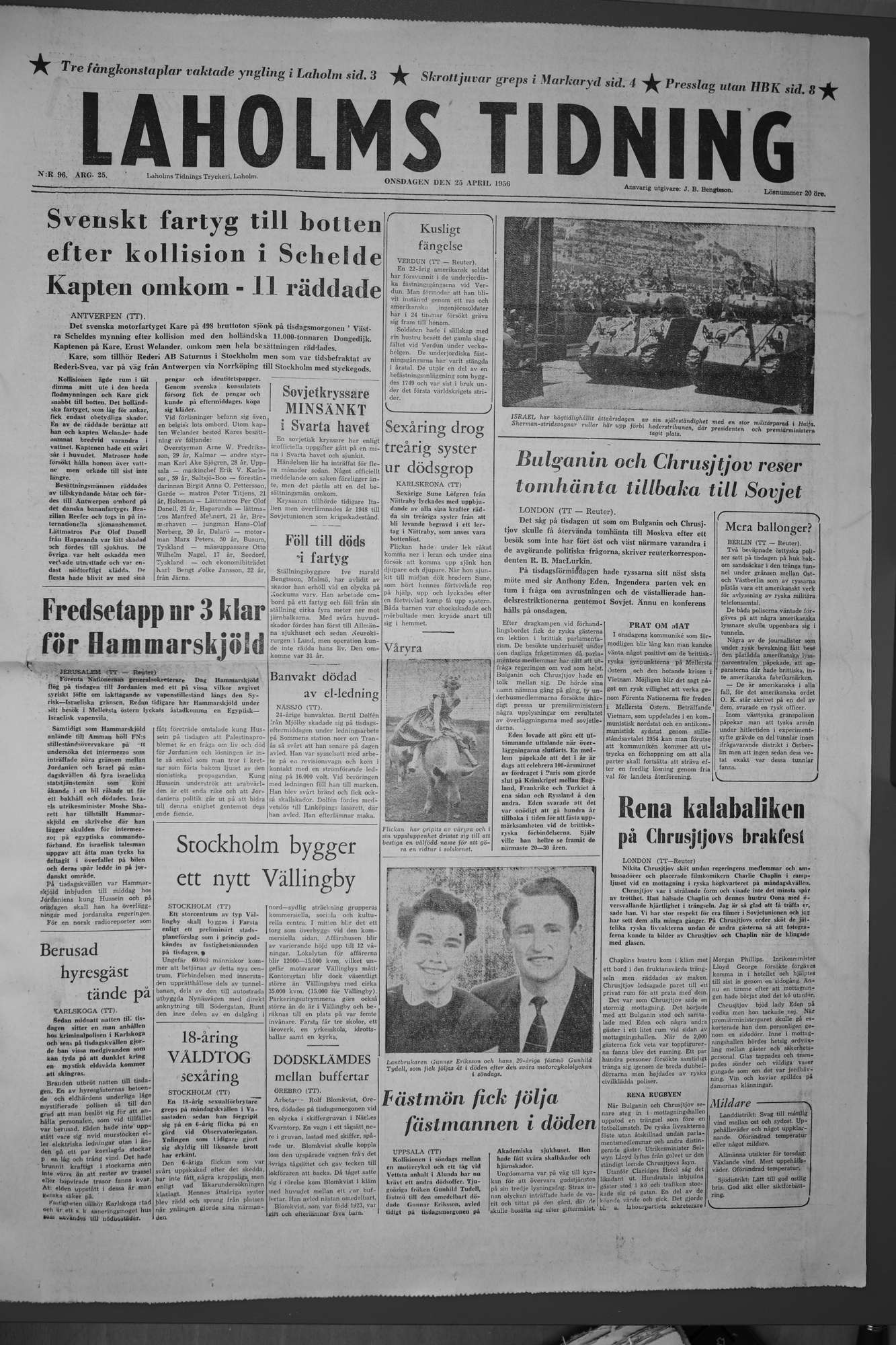 Laholms Tidning Onsdag 25 april 1956, sida 1