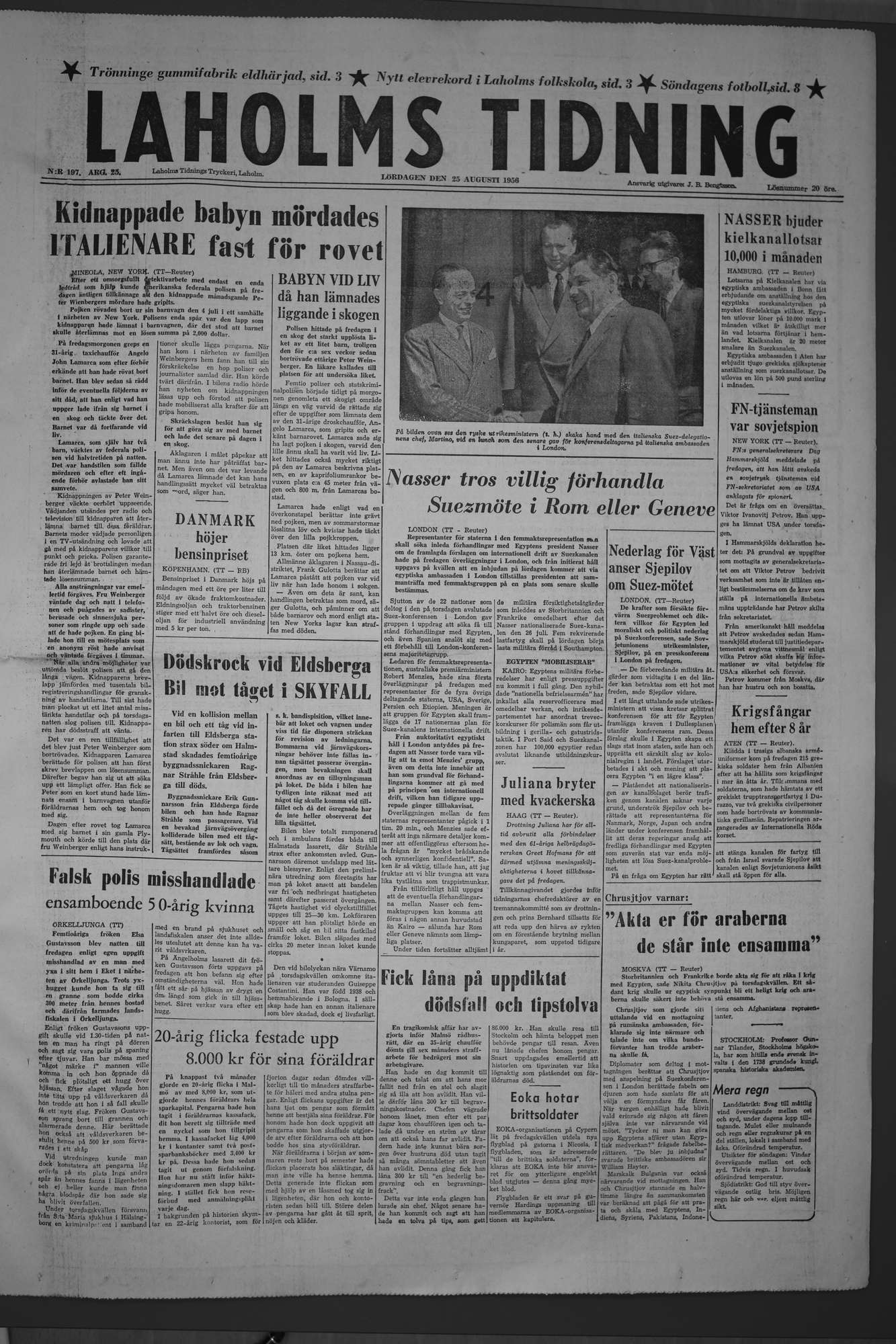 Laholms Tidning Lördag 25 augusti 1956, sida 1