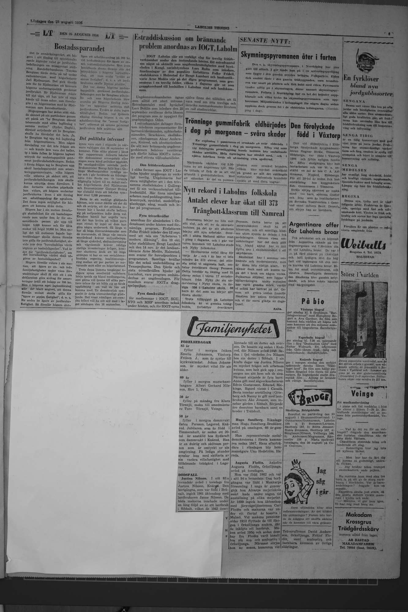 Laholms Tidning Lördag 25 augusti 1956, sida 3