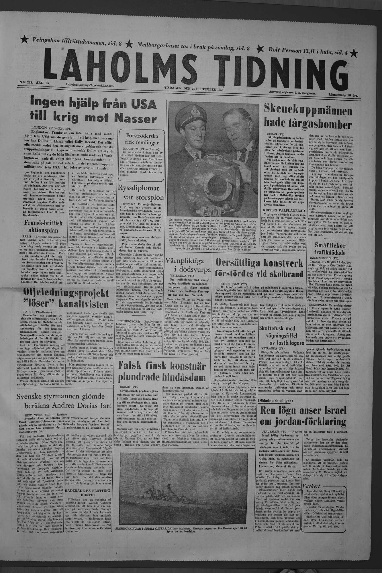 Laholms Tidning Tisdag 25 september 1956, sida 1