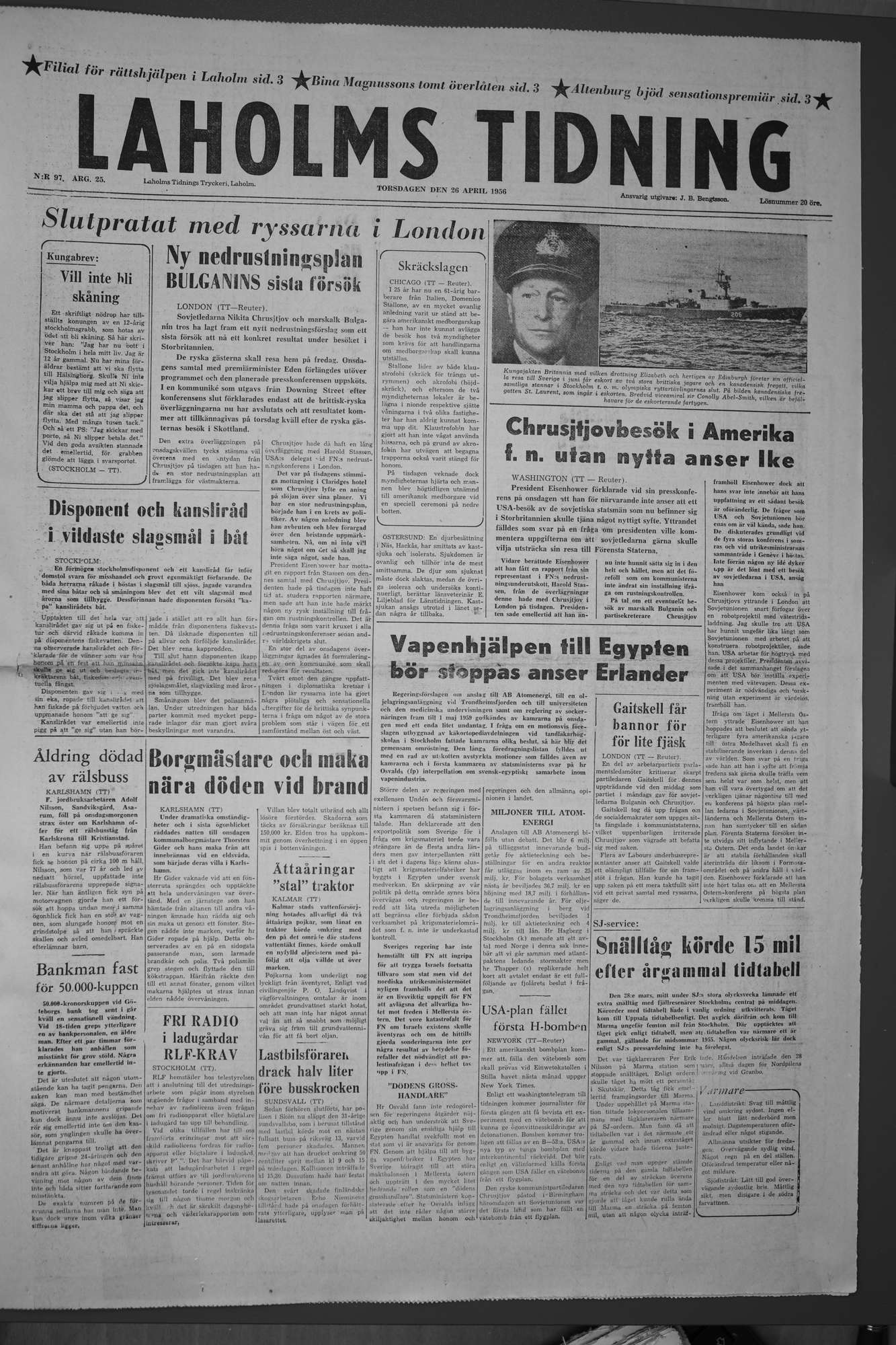 Laholms Tidning Torsdag 26 april 1956, sida 1