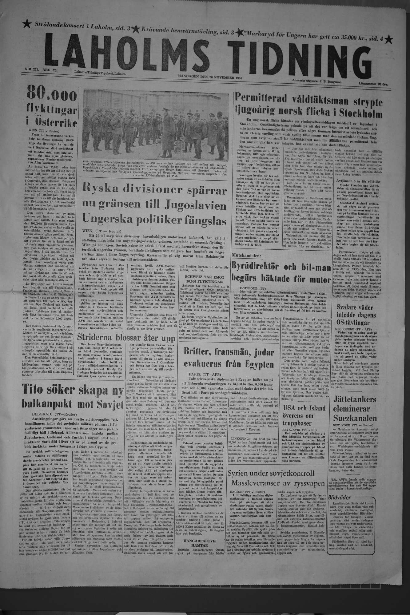 Laholms Tidning Måndag 26 november 1956, sida 1