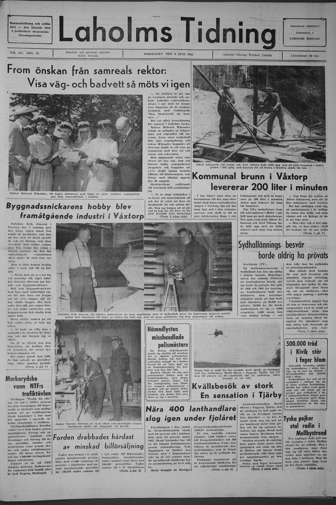 Laholms Tidning Torsdag 9 juni 1966, sida 1