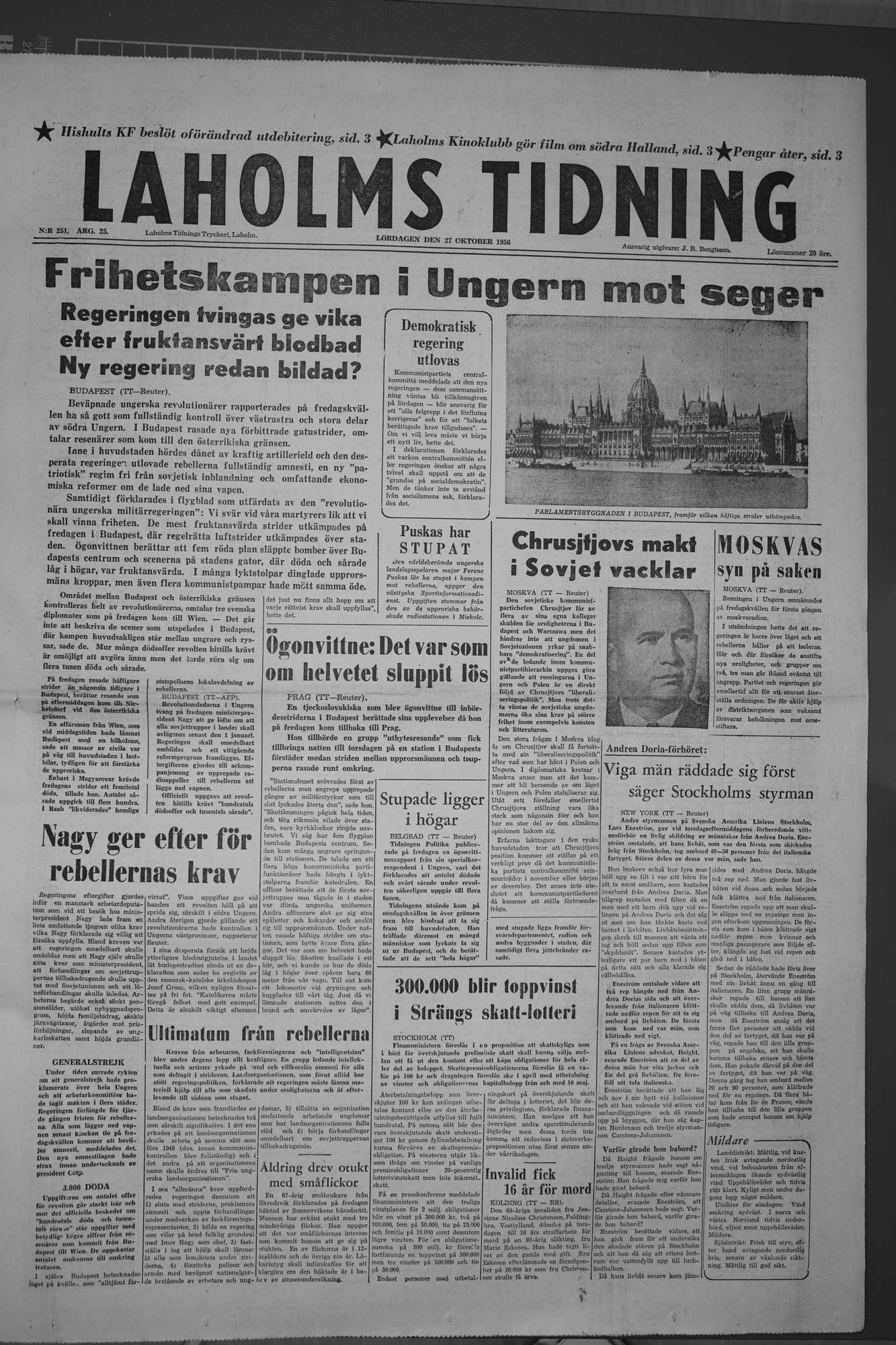Laholms Tidning Lördag 27 oktober 1956, sida 1