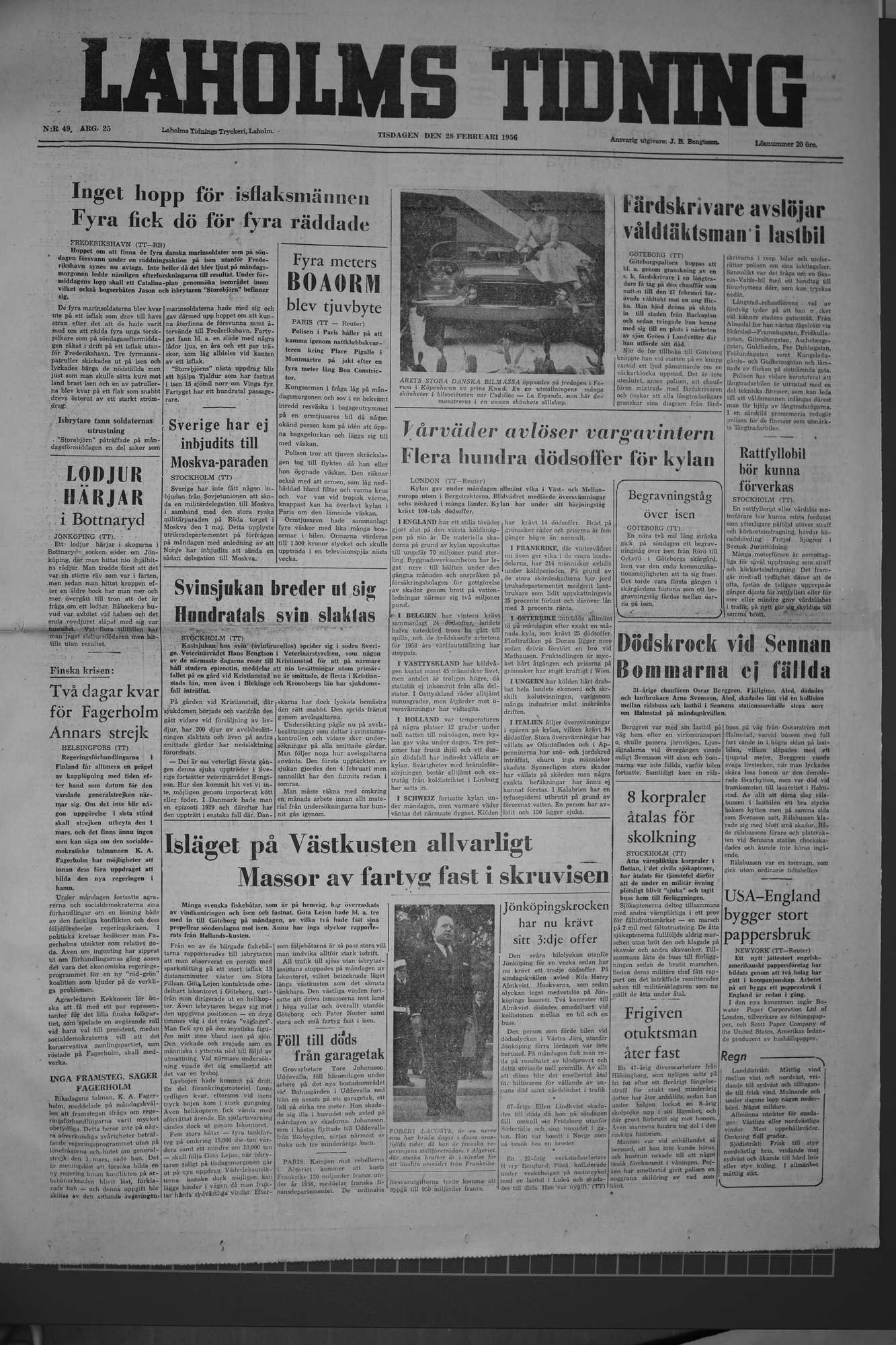 Laholms Tidning Tisdag 28 februari 1956, sida 1