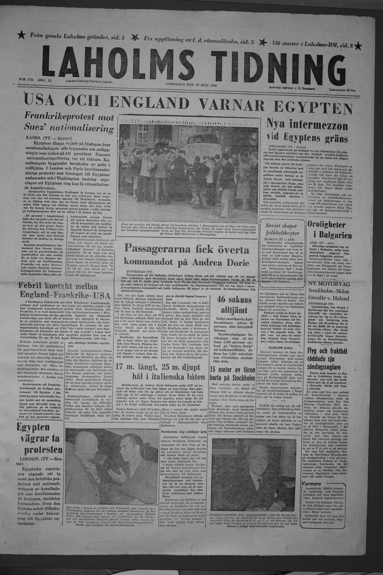 Laholms Tidning Lördag 28 juli 1956, sida 1