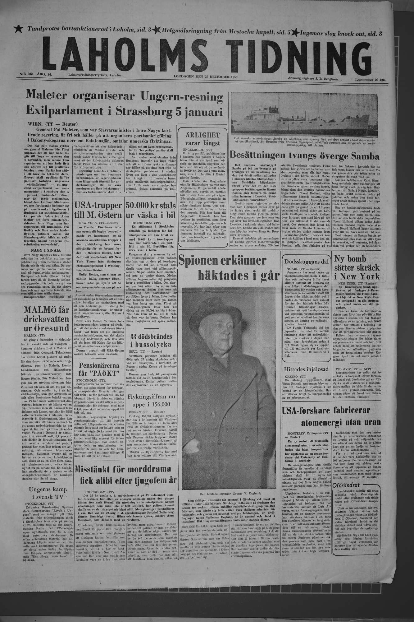 Laholms Tidning Lördag 29 december 1956, sida 1
