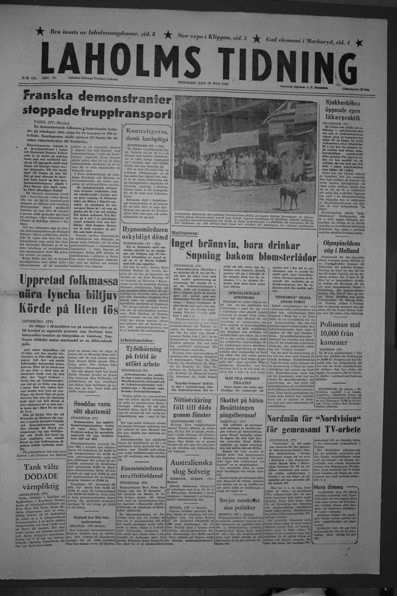 Laholms Tidning Tisdag 29 maj 1956, sida 1