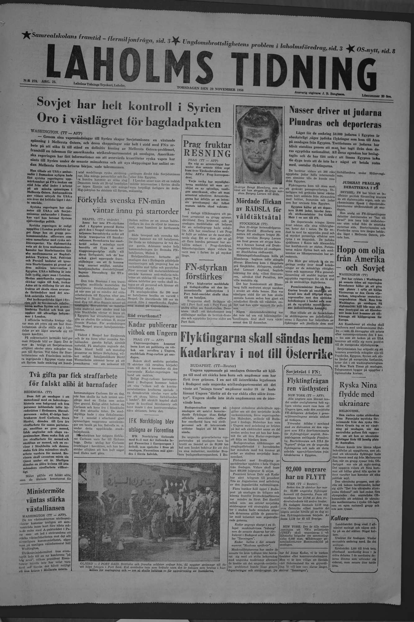 Laholms Tidning Torsdag 29 november 1956, sida 1