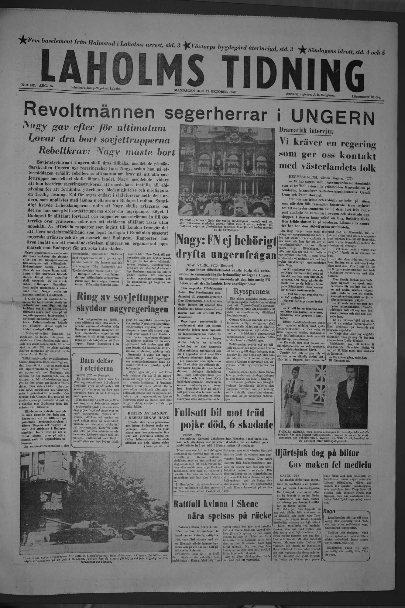 Laholms Tidning Måndag 29 oktober 1956, sida 1