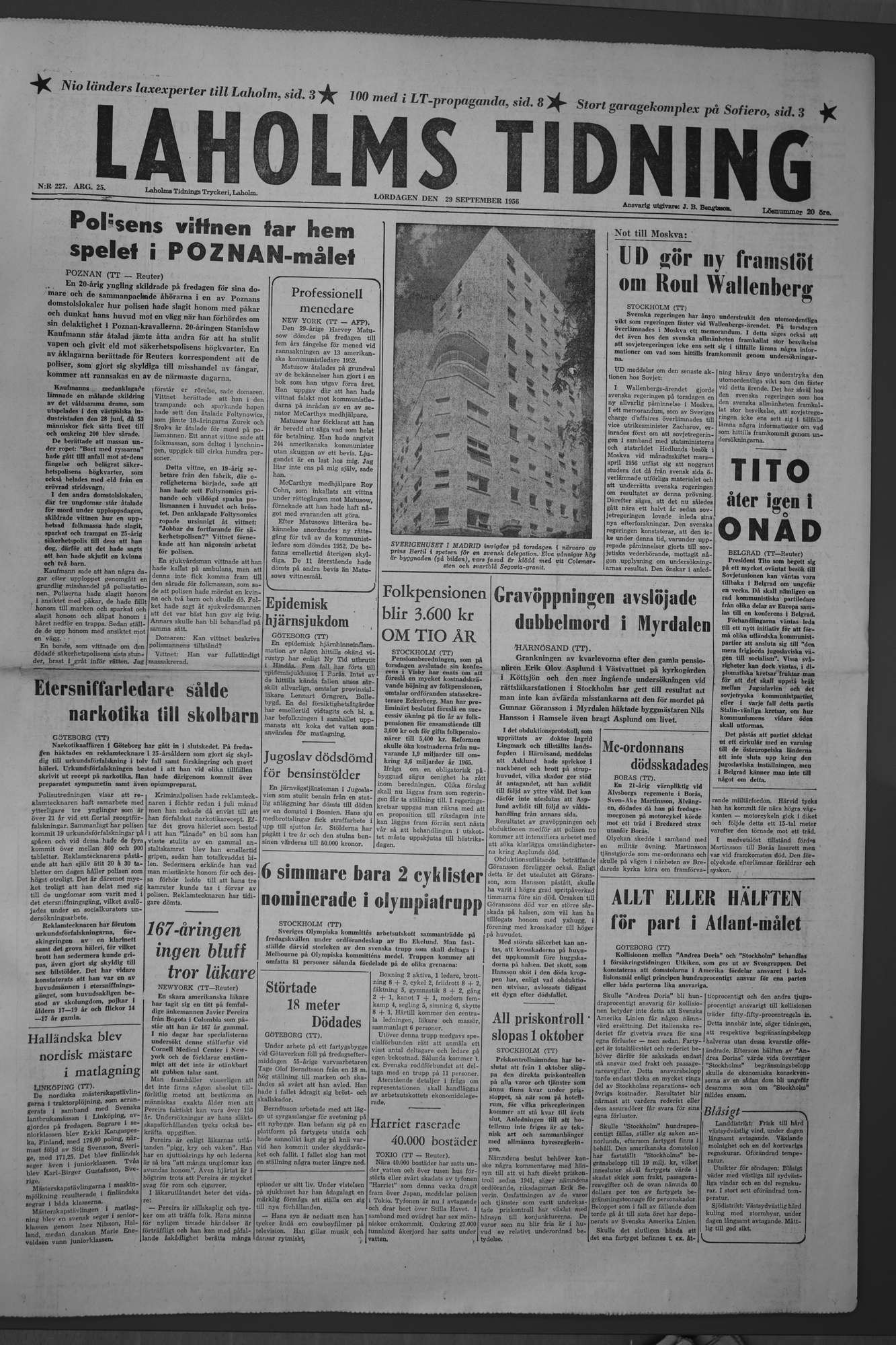 Laholms Tidning Lördag 29 september 1956, sida 1