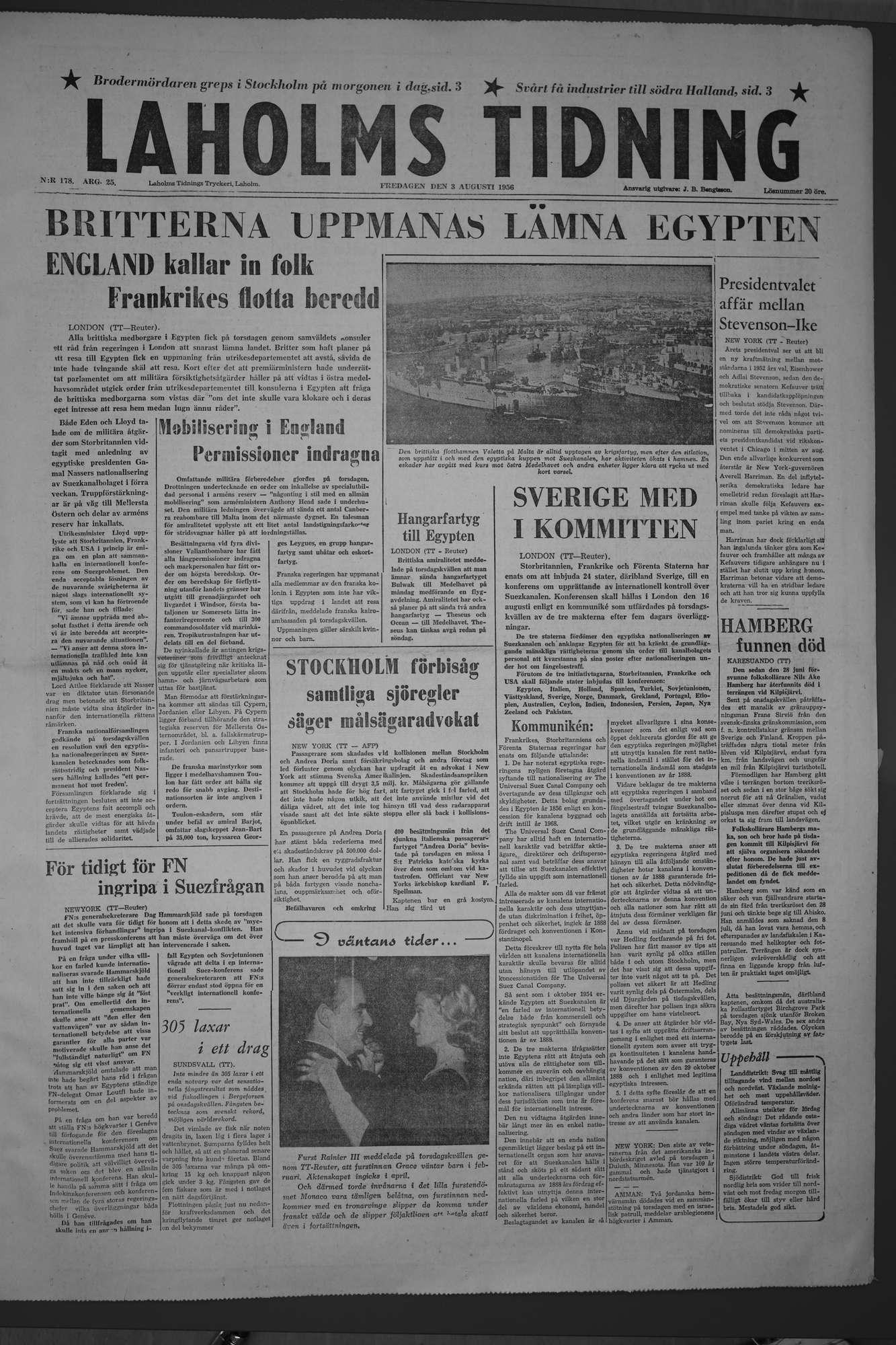 Laholms Tidning Fredag 3 augusti 1956, sida 1