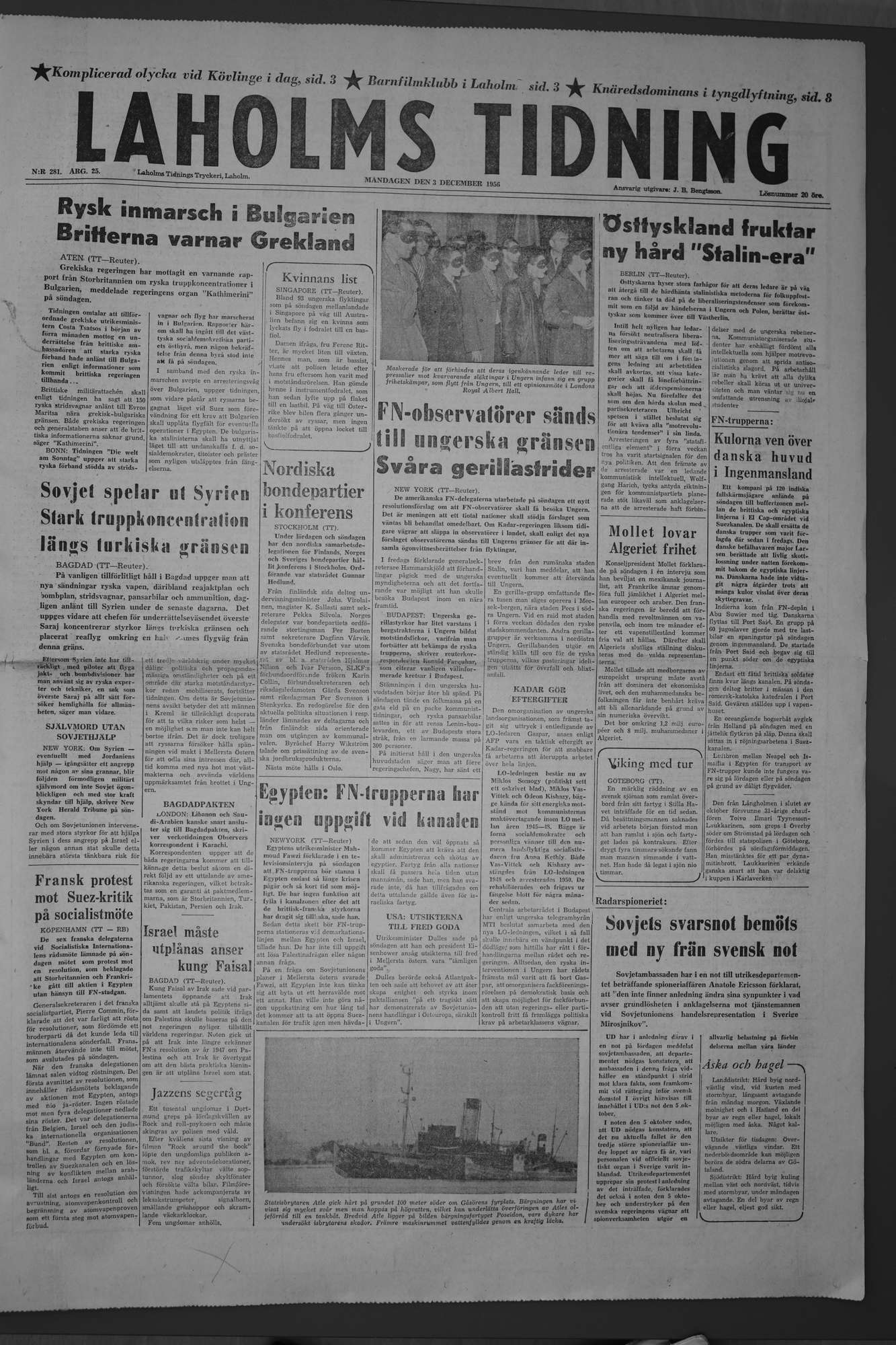Laholms Tidning Måndag 3 december 1956, sida 1