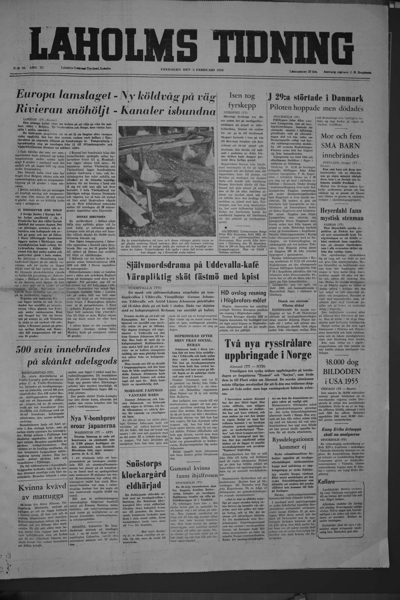Laholms Tidning Fredag 3 februari 1956, sida 1