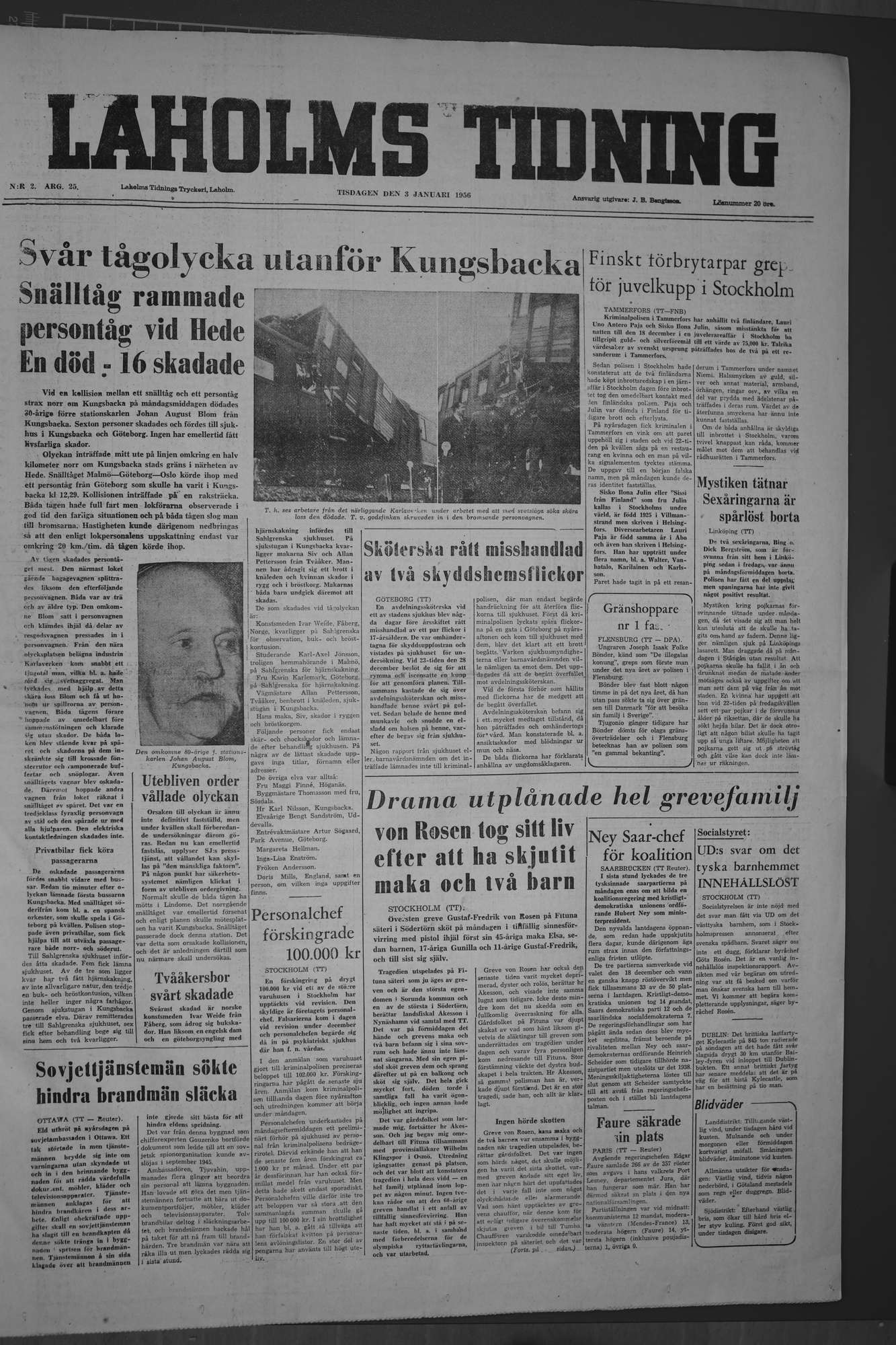 Laholms Tidning Tisdag 3 januari 1956, sida 1