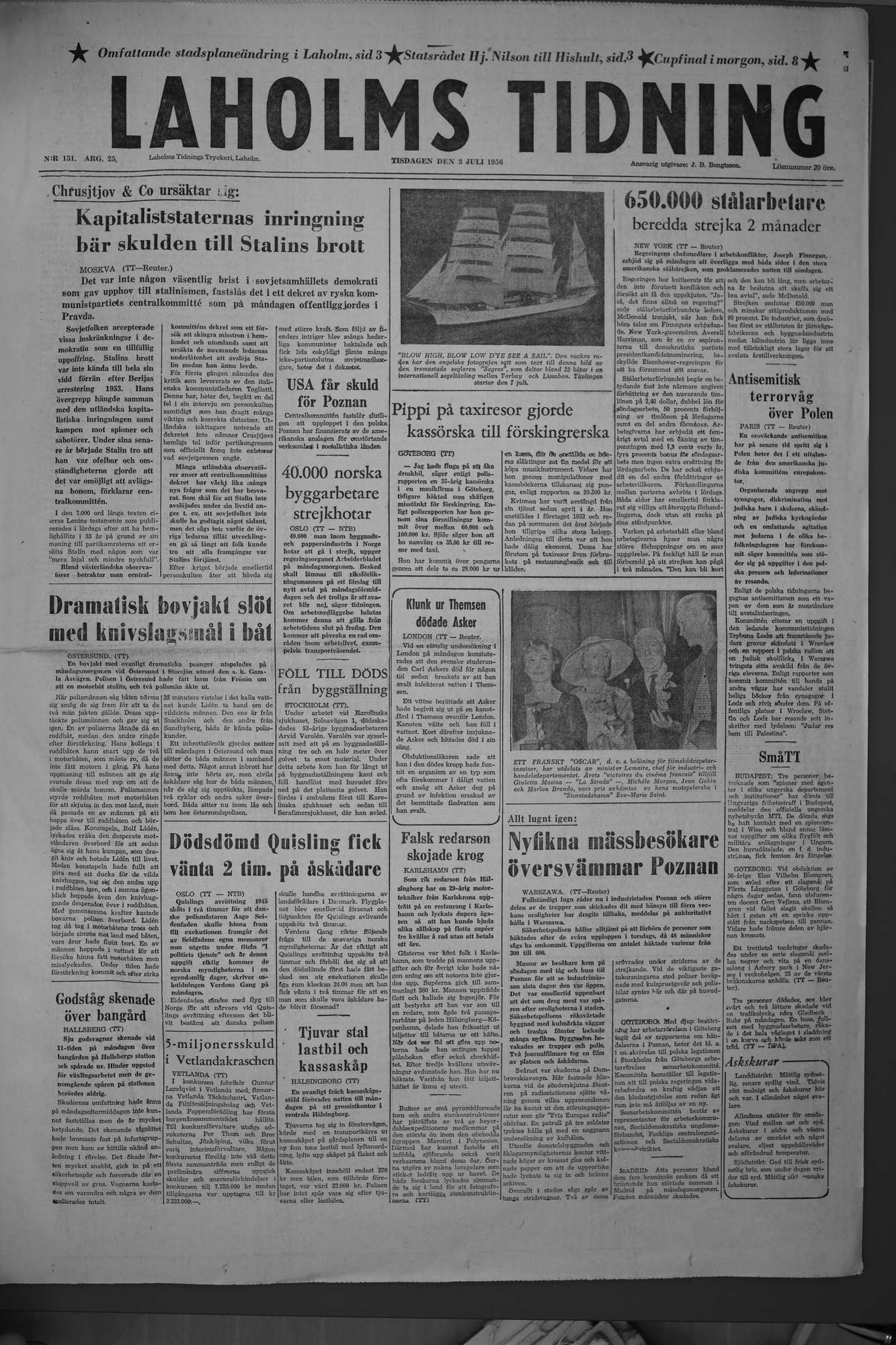 Laholms Tidning Tisdag 3 juli 1956, sida 1