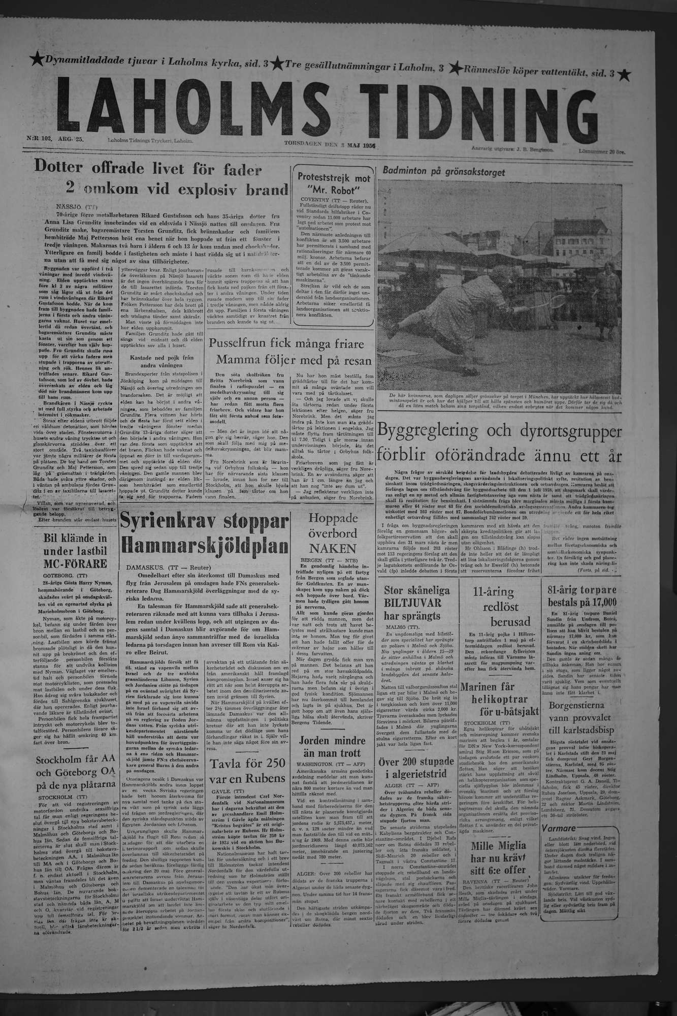 Laholms Tidning Torsdag 3 maj 1956, sida 1