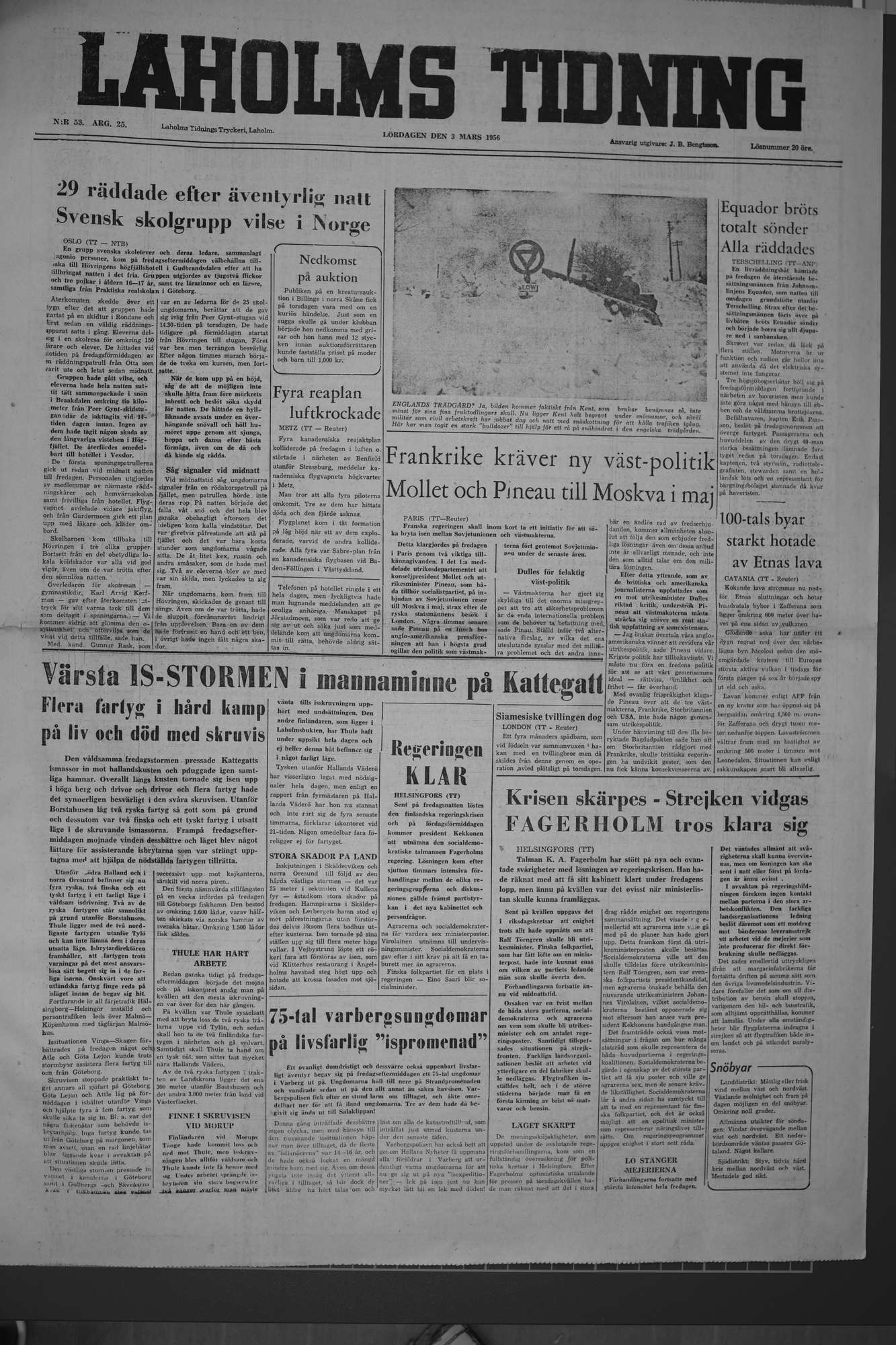 Laholms Tidning Lördag 3 mars 1956, sida 1