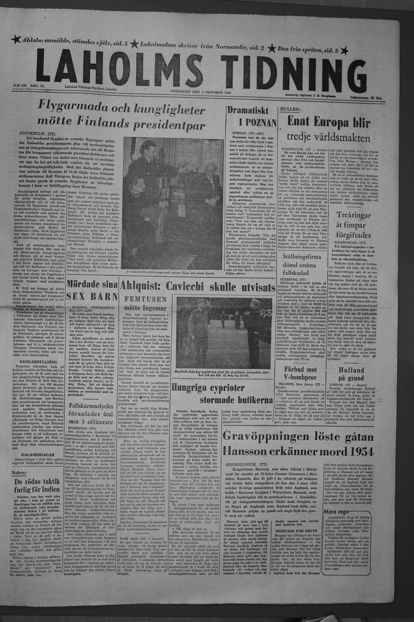 Laholms Tidning Onsdag 3 oktober 1956, sida 1