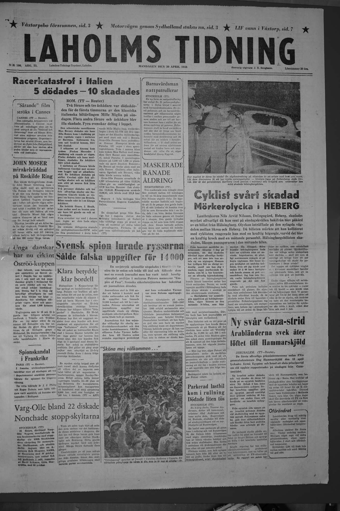 Laholms Tidning Måndag 30 april 1956, sida 1