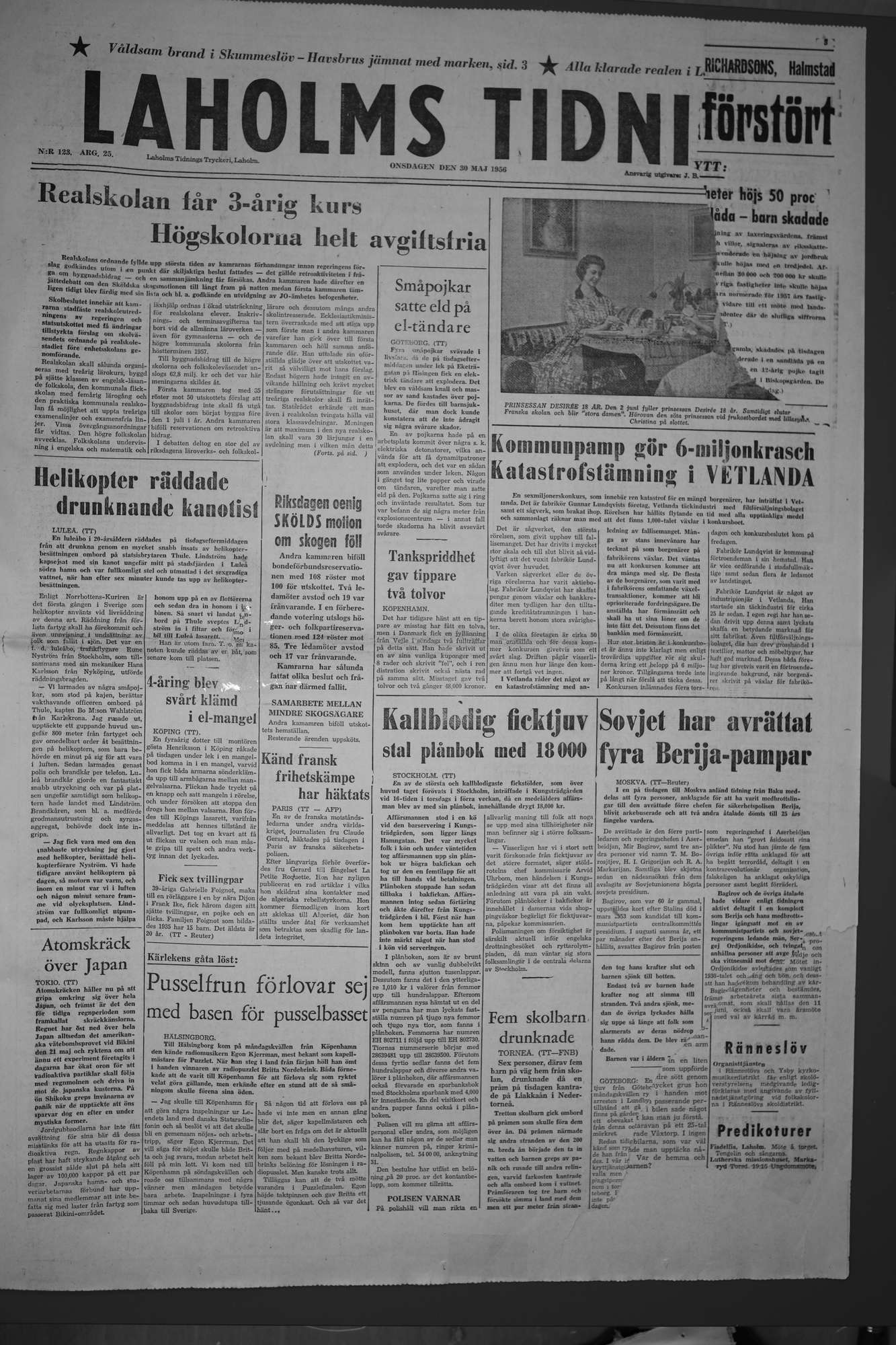 Laholms Tidning Onsdag 30 maj 1956, sida 1