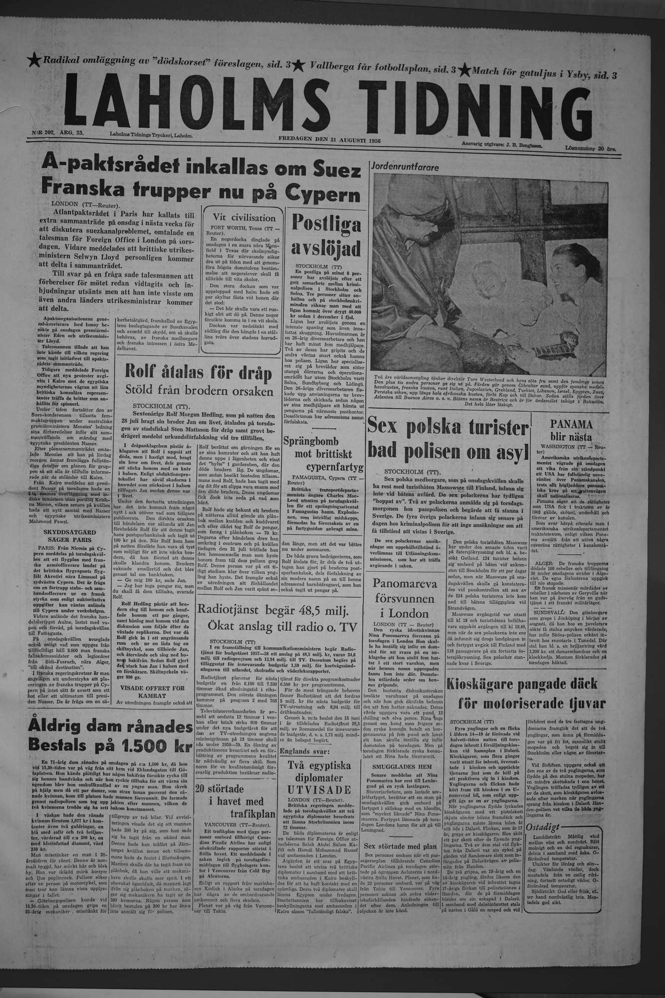Laholms Tidning Fredag 31 augusti 1956, sida 1