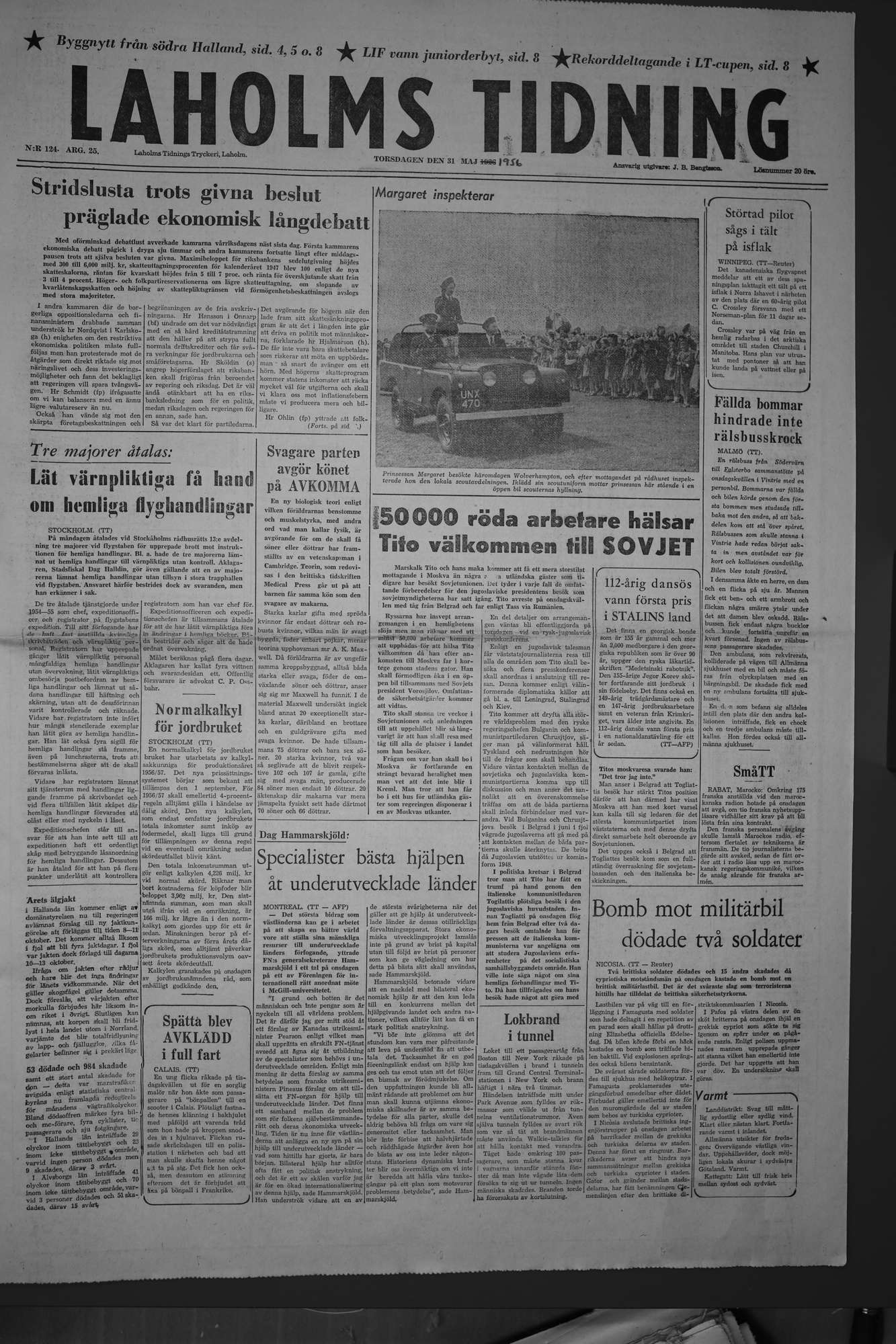 Laholms Tidning Torsdag 31 maj 1956, sida 1