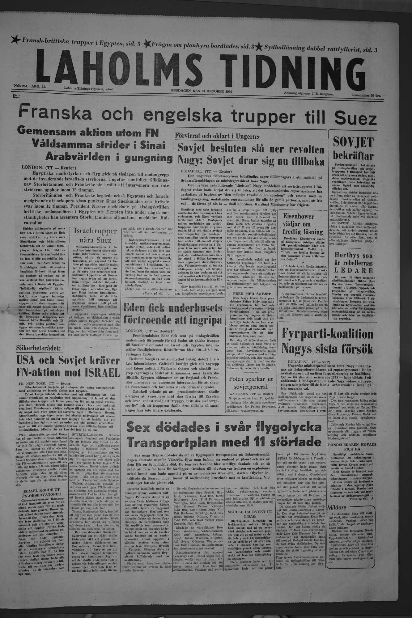 Laholms Tidning Onsdag 31 oktober 1956, sida 1