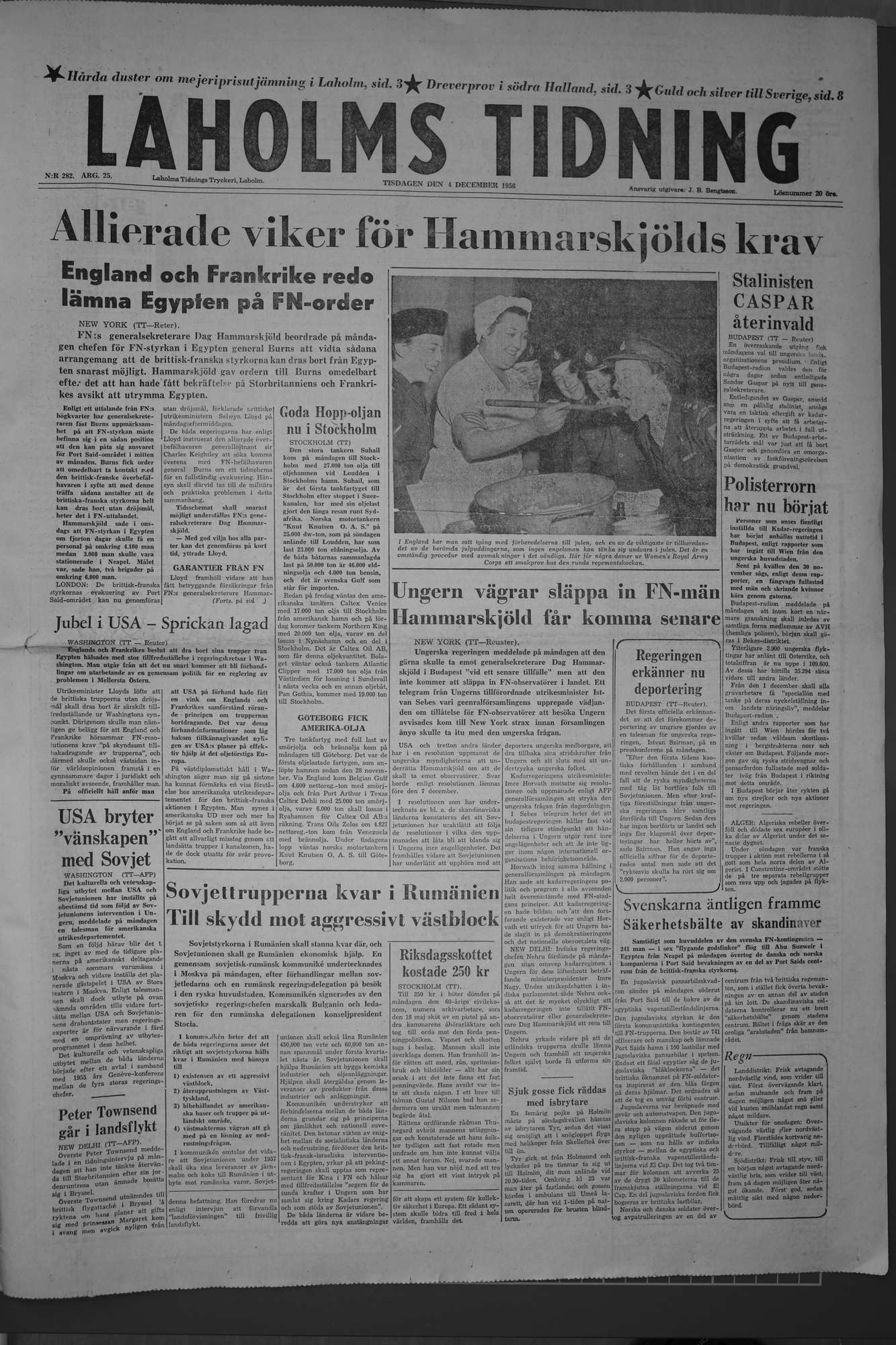 Laholms Tidning Tisdag 4 december 1956, sida 1