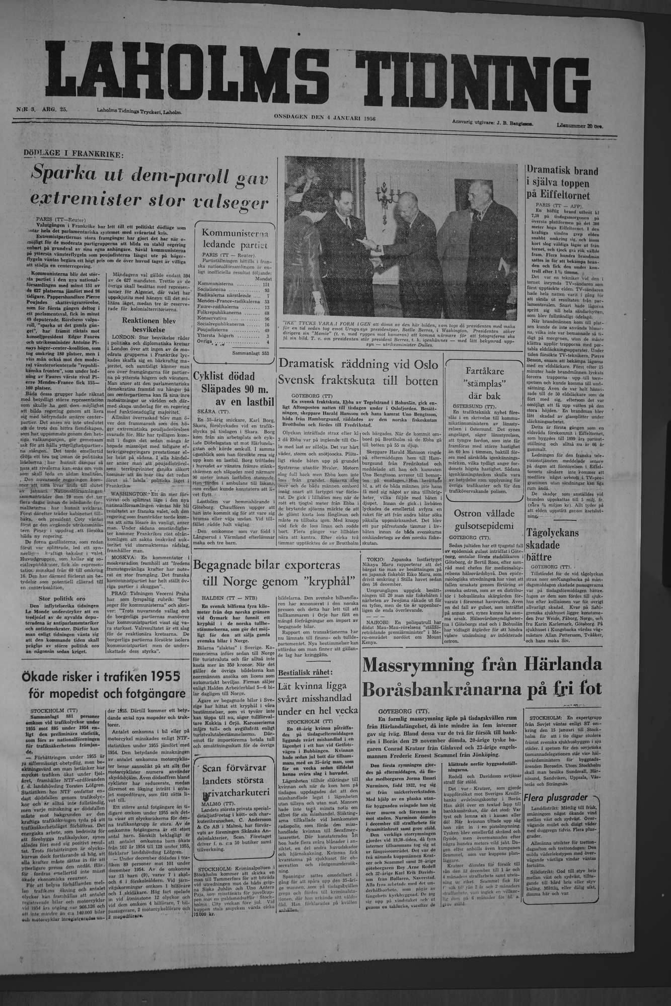 Laholms Tidning Onsdag 4 januari 1956, sida 1